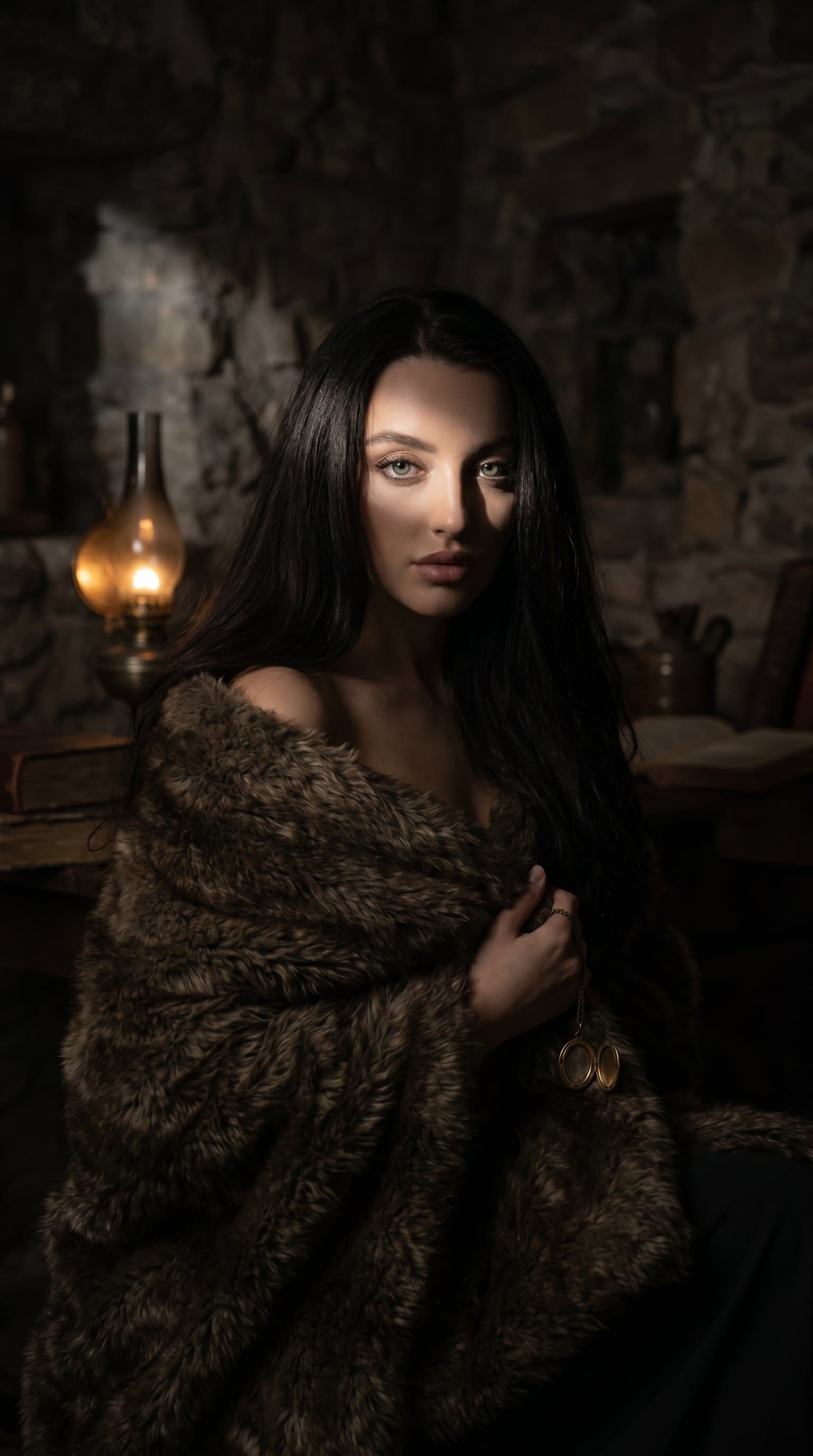 woman in a shadowy room, wrapped in a fur blanket with a single light source creating a mysterious mood