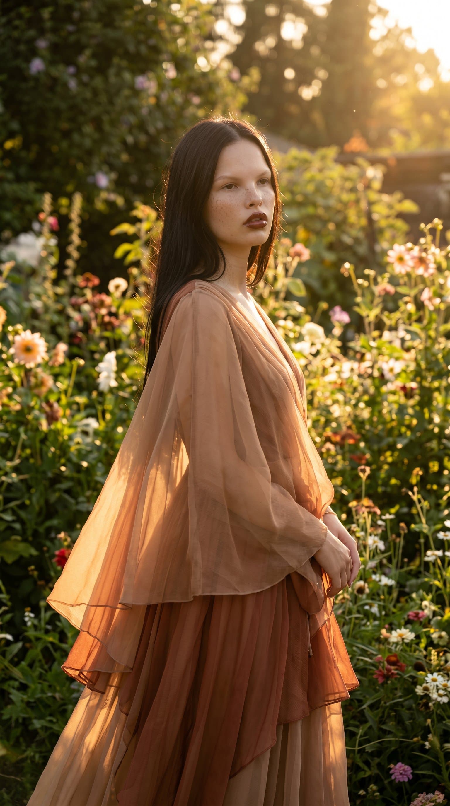 woman standing in a lush garden, wearing a sheer, flowing garment with soft sunset lighting