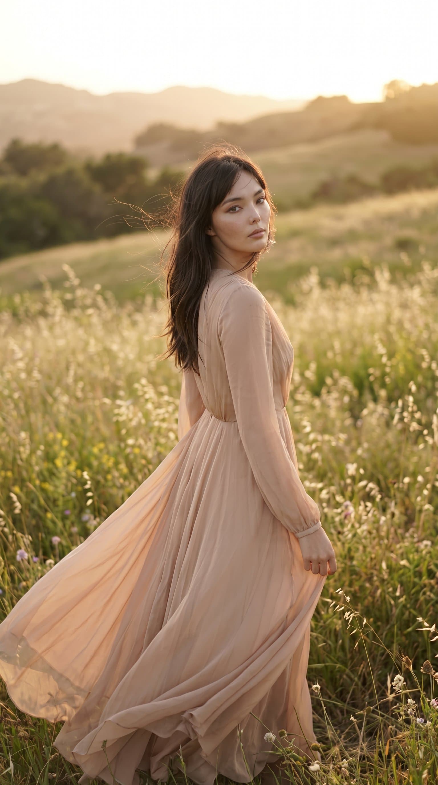 woman in a sun-drenched meadow wearing a flowing nude dress, looking over their shoulder with a wistful expression