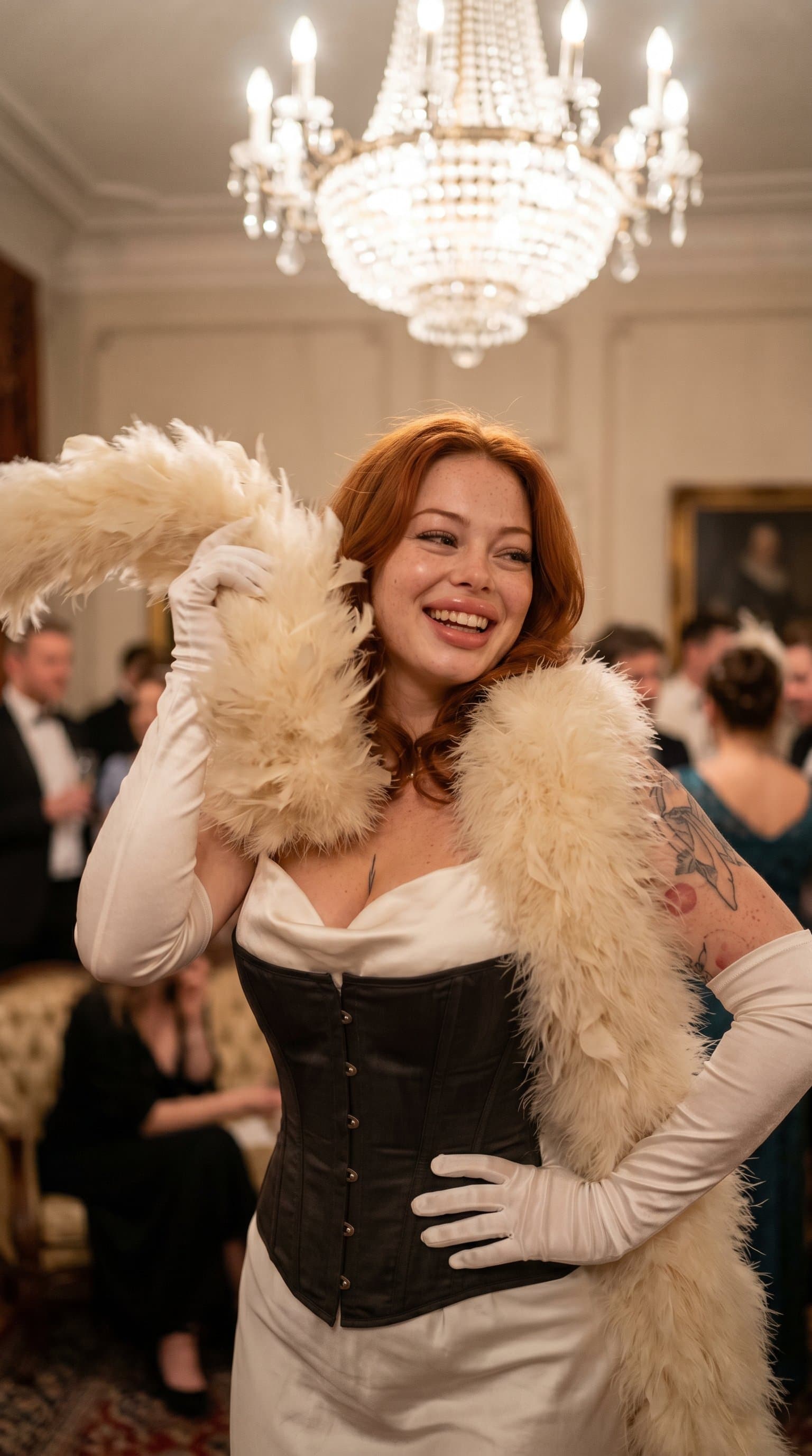 woman playfully posing with a feather boa, wearing a corset under a chandelier's soft, diffused light