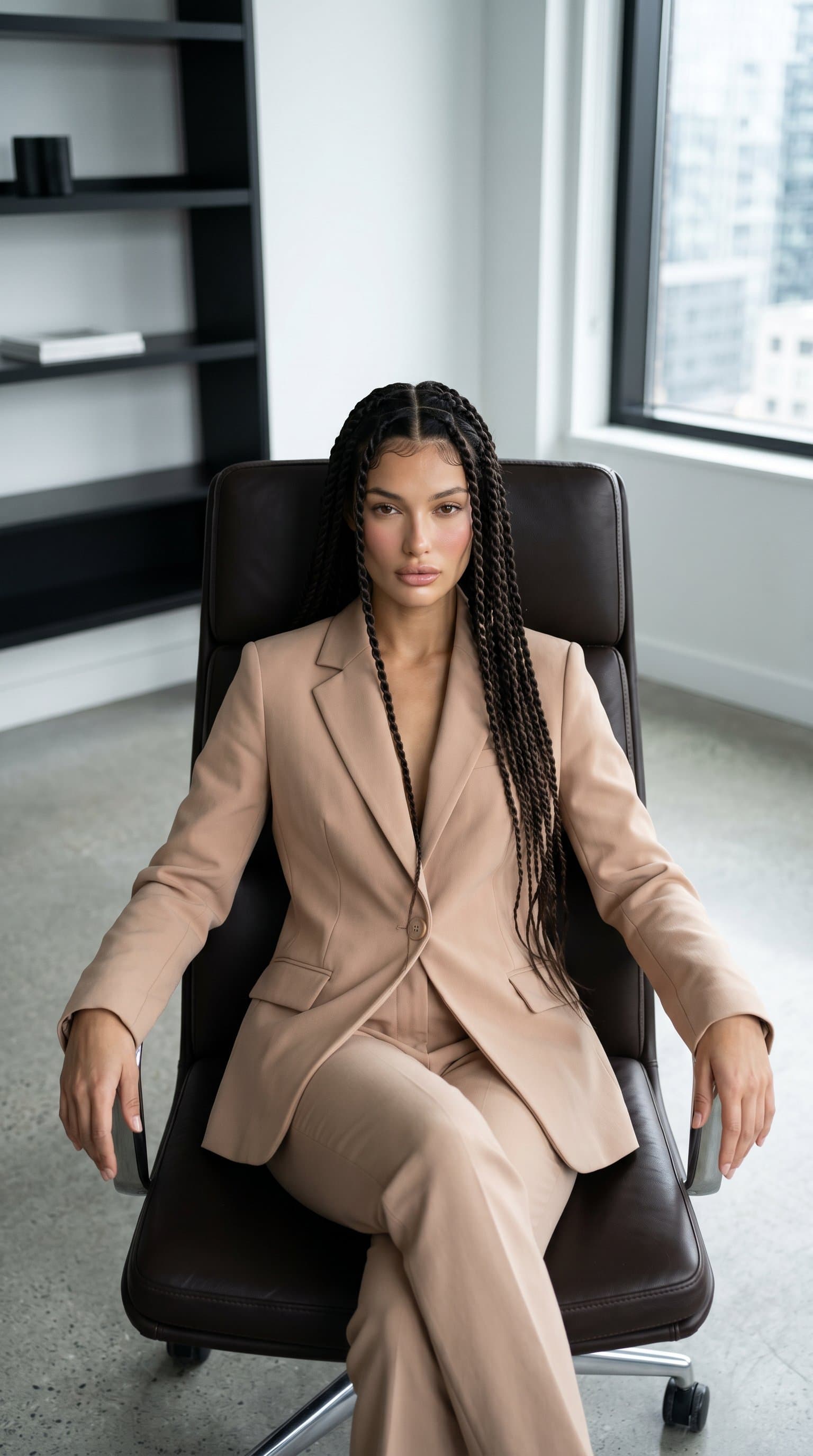 woman in a nude tailored suit sitting on a leather chair in a minimalist monochrome office, looking confidently into the camera