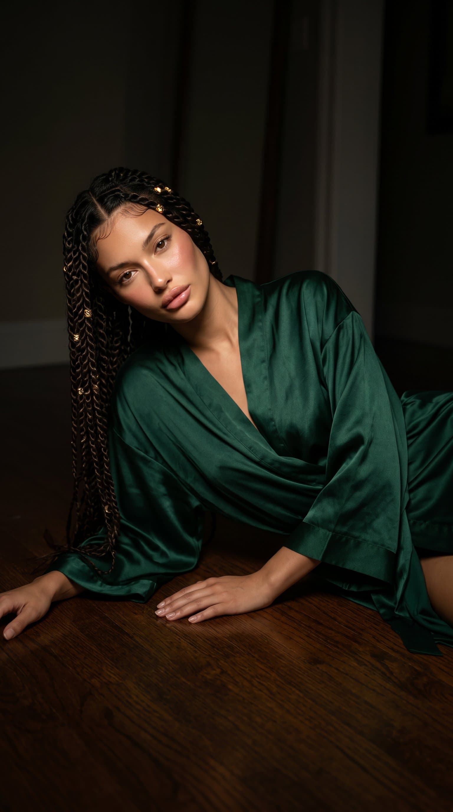 woman reclining on a hardwood floor, wearing a silky robe with dramatic, low-key lighting