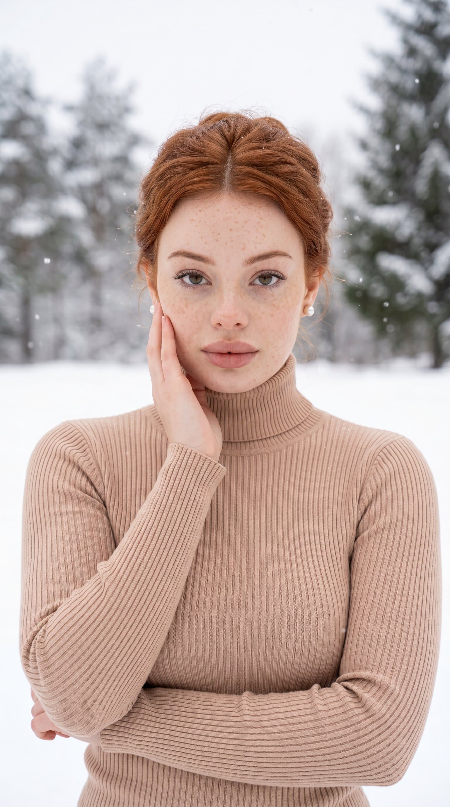 woman in a tight-fitting, nude turtleneck sweater against a snowy background, exuding an aura of quiet elegance