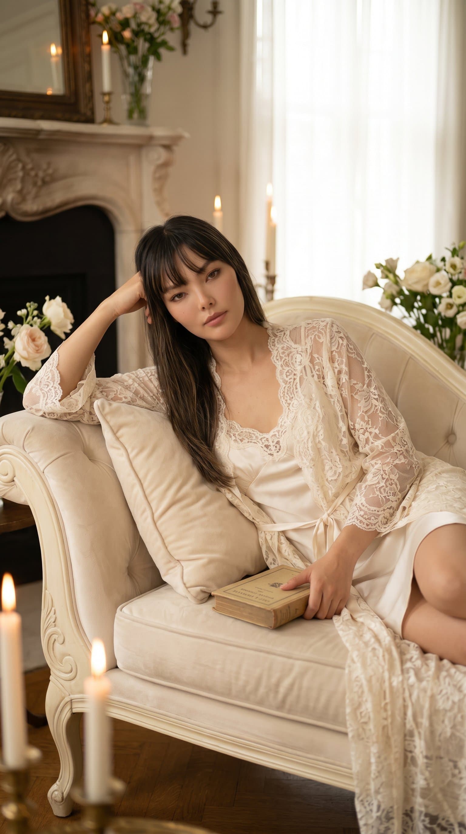 woman reclining on a luxury chaise lounge in a lace robe with soft, romantic lighting