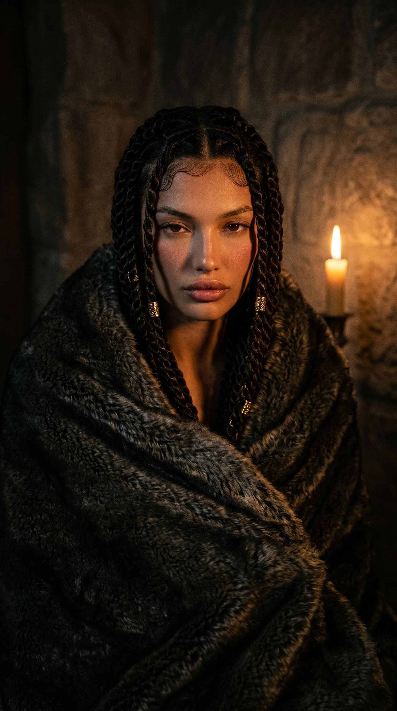 woman in a shadowy room, wrapped in a fur blanket with a single light source creating a mysterious mood