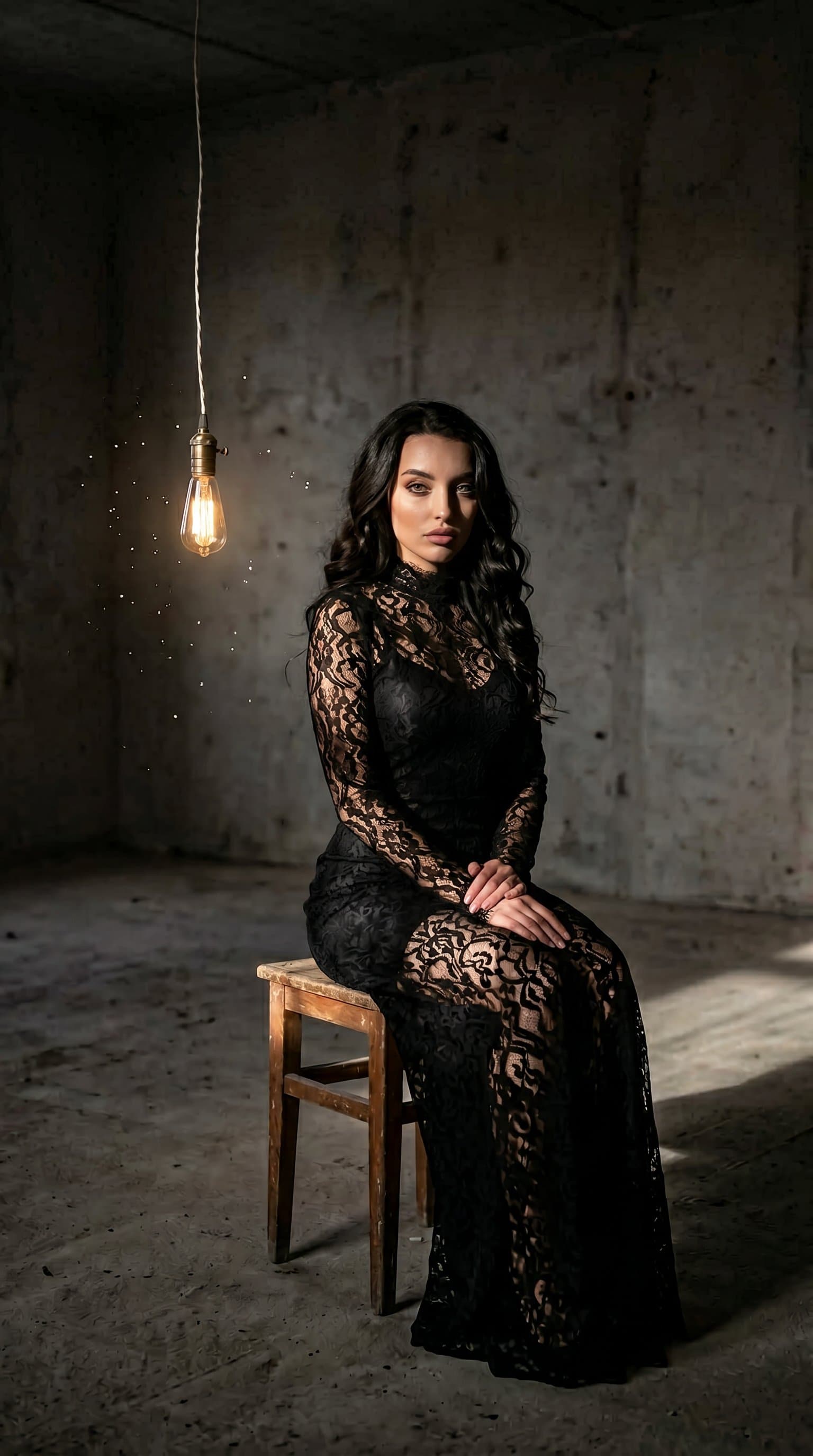 woman in an empty room, dressed in a lacy outfit and lit by a single light source casting dramatic shadows
