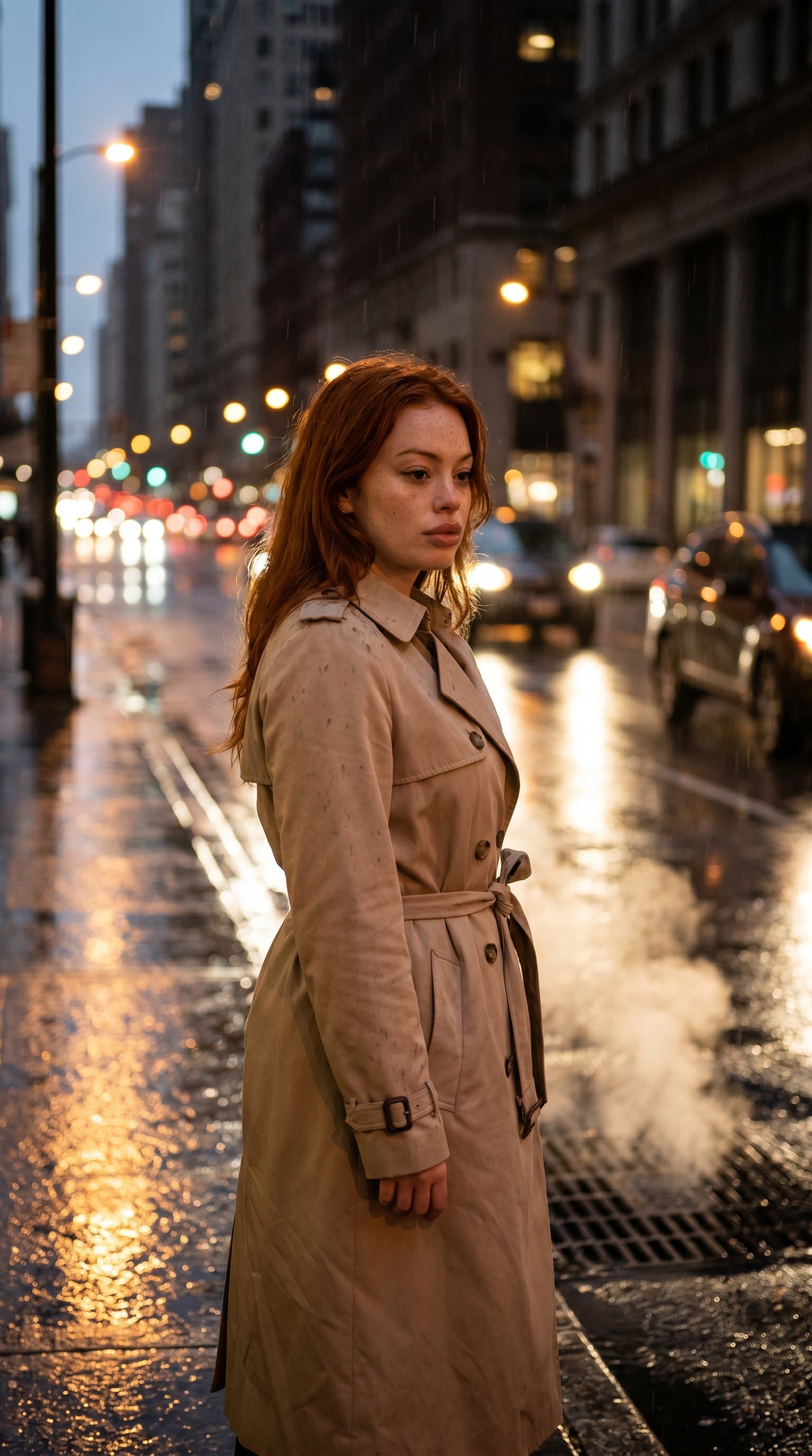 woman clad in a nude trench coat under city street lights, with wet pavement reflecting the light and creating a moody atmosphere