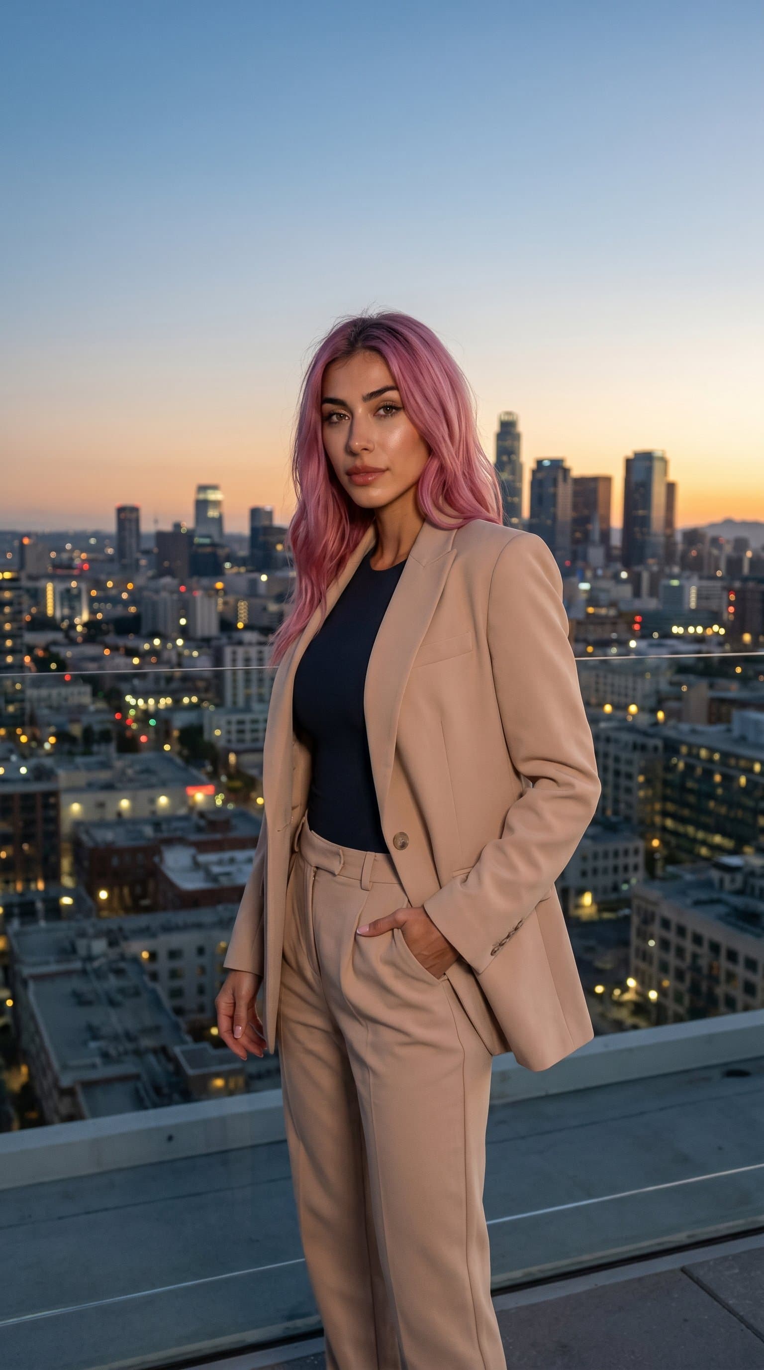 woman sporting a nude blazer and trousers on a rooftop at dusk, the city skyline in the background creating an urban, sophisticated mood