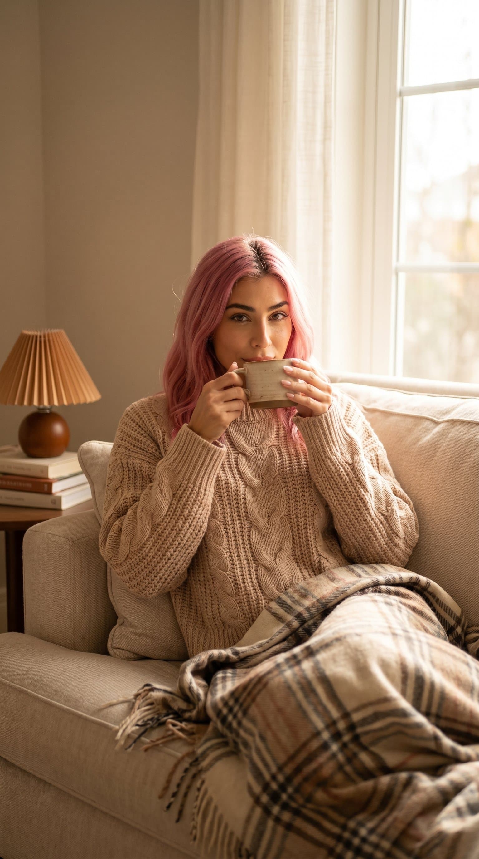 woman in a cozy setting wearing a nude knitted sweater and sipping coffee, soft lighting creating a warm, inviting mood