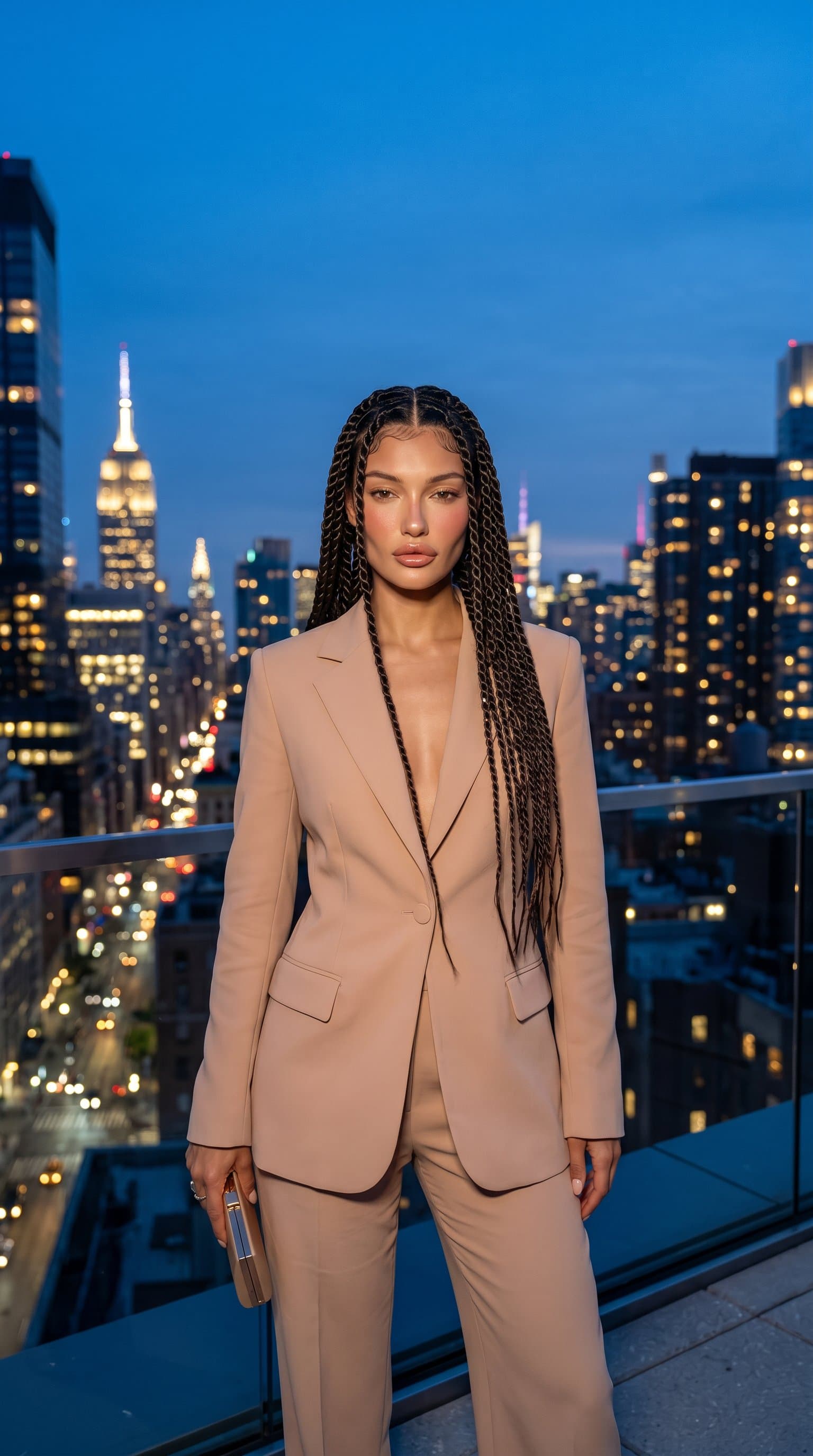 woman sporting a nude blazer and trousers on a rooftop at dusk, the city skyline in the background creating an urban, sophisticated mood