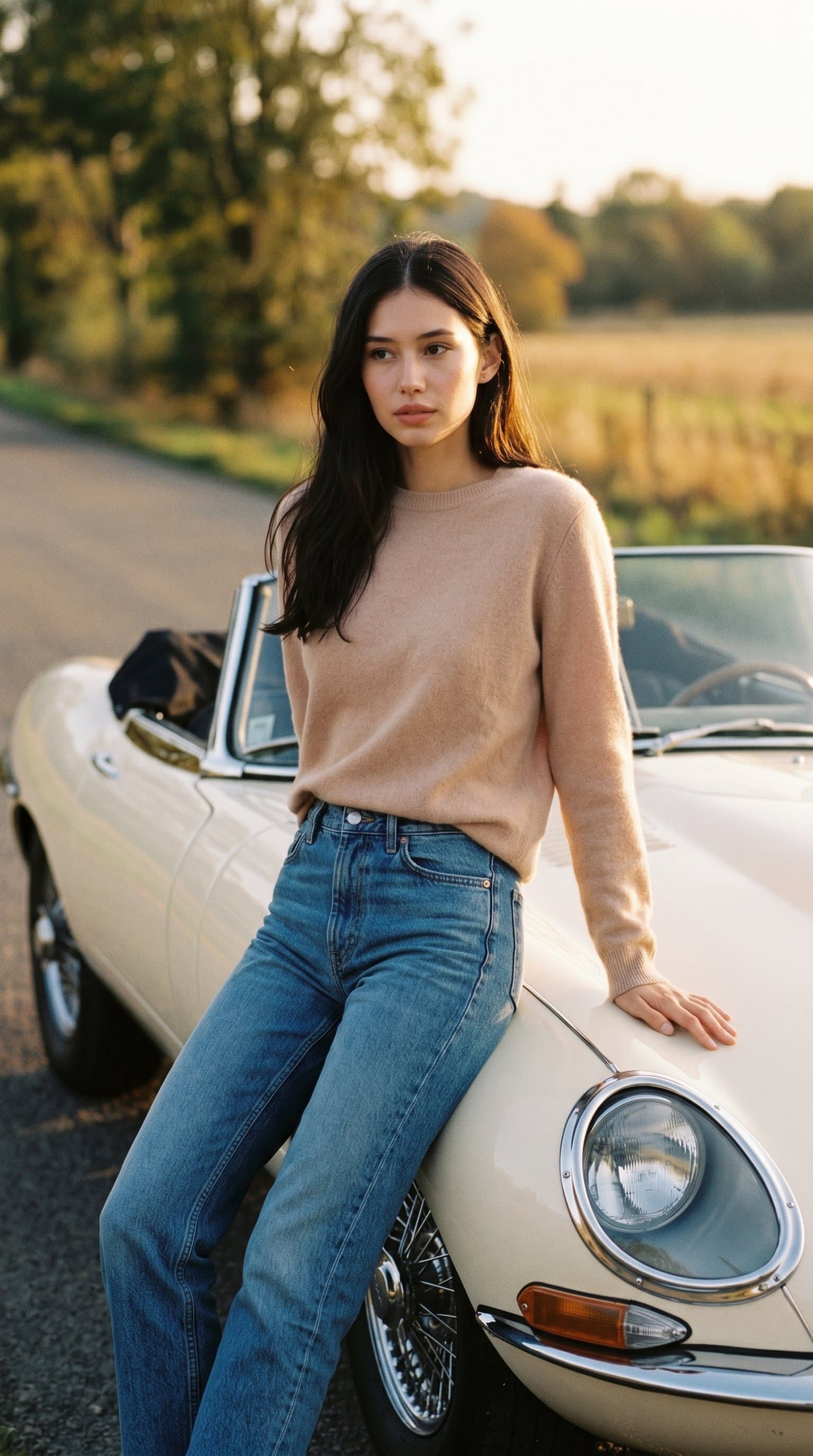 woman in a nude cashmere sweater and denim, leaning against a vintage car, under golden hour light, exuding a classic, timeless mood