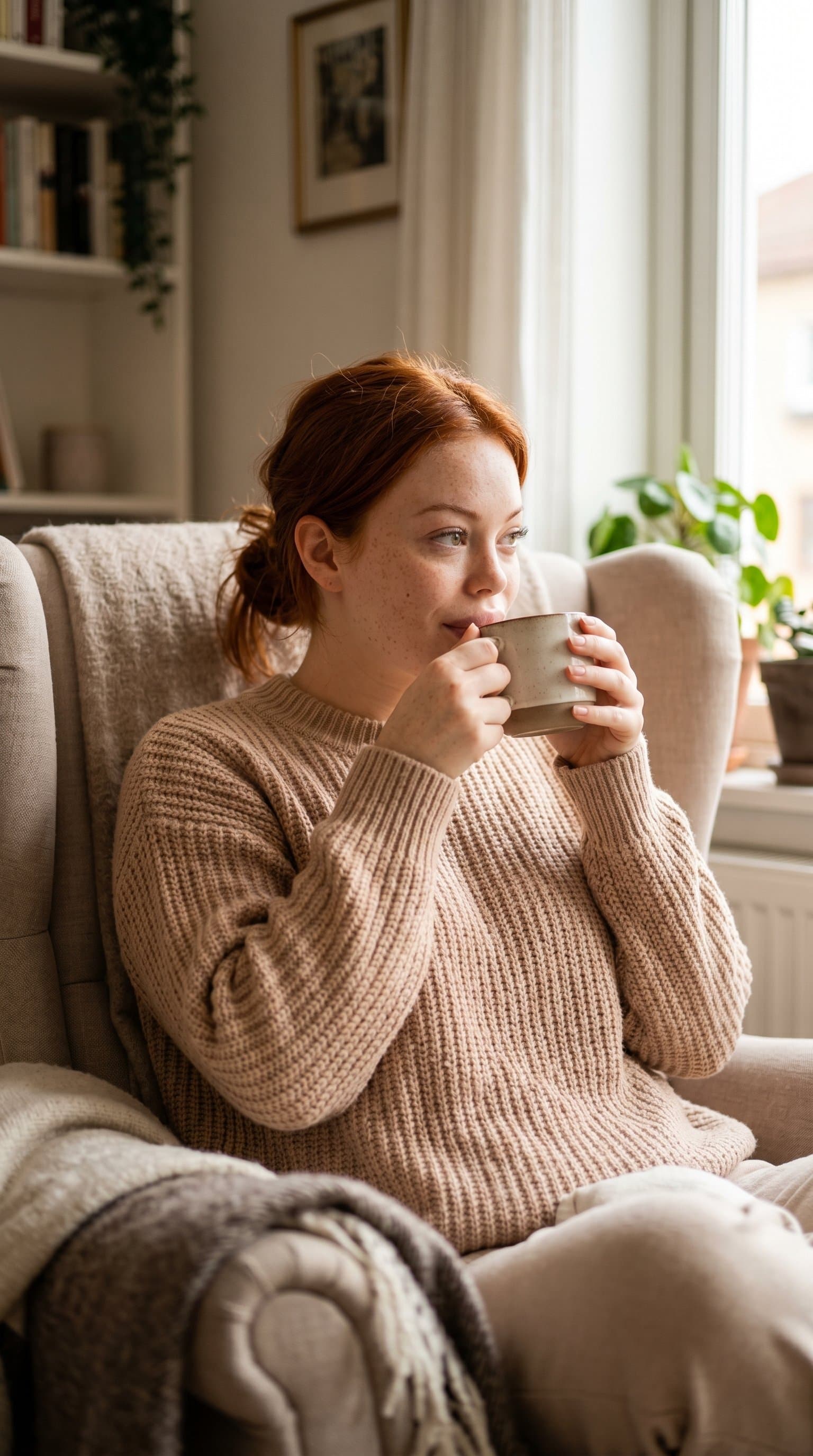 woman in a cozy setting wearing a nude knitted sweater and sipping coffee, soft lighting creating a warm, inviting mood
