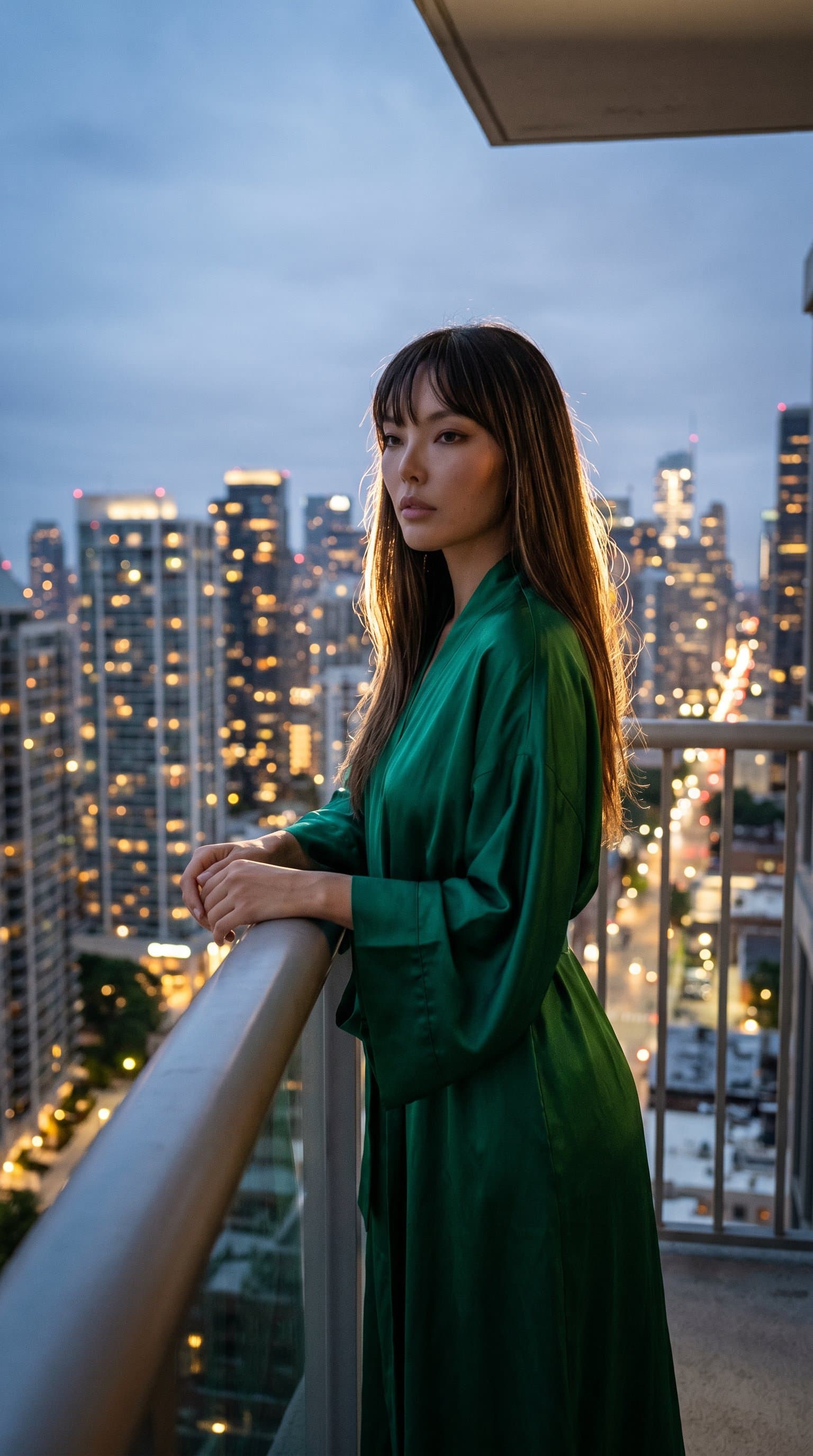 woman on a balcony, wearing a flowing silk robe with the evening cityscape providing a moody backlight