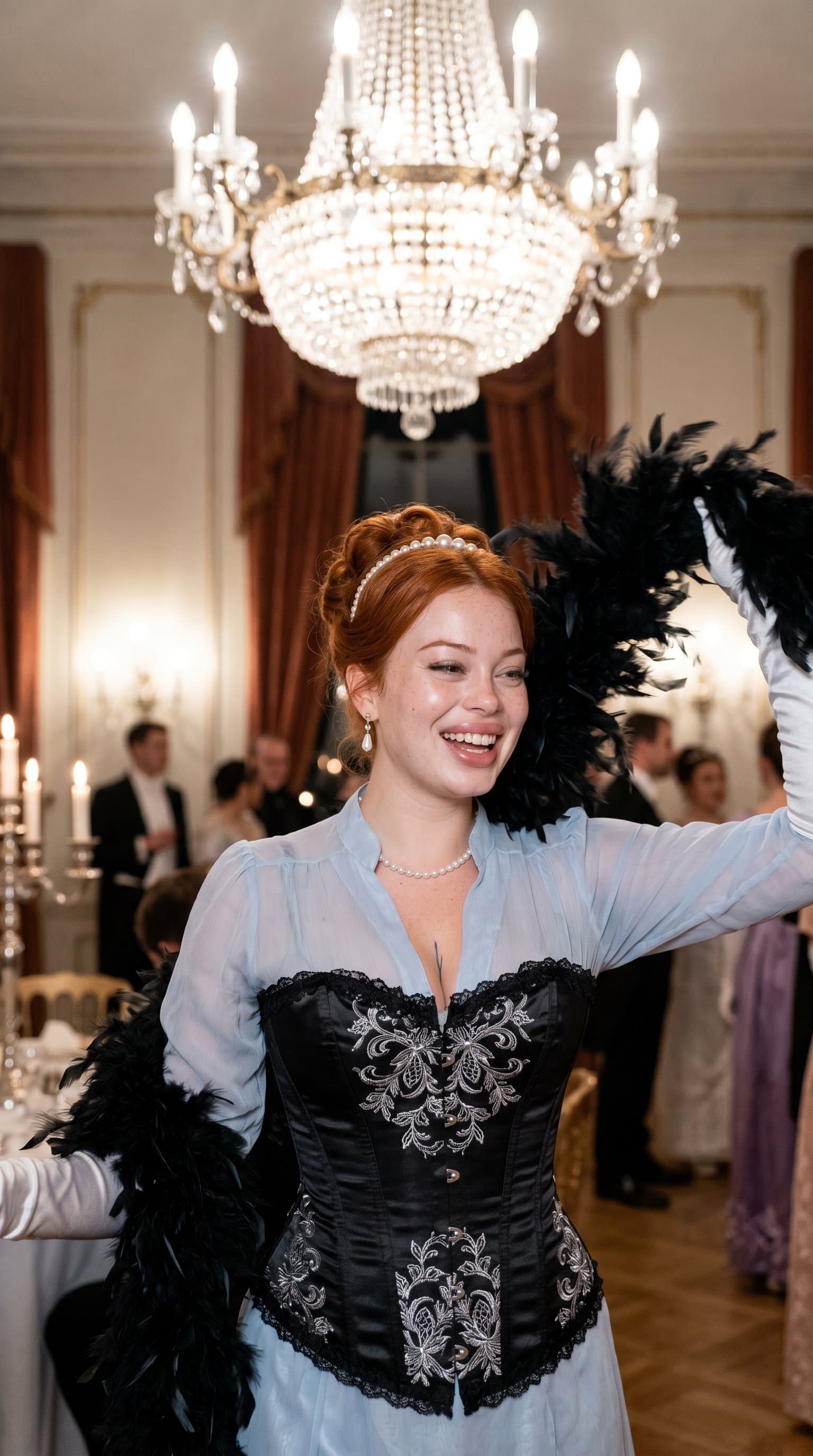 woman playfully posing with a feather boa, wearing a corset under a chandelier's soft, diffused light