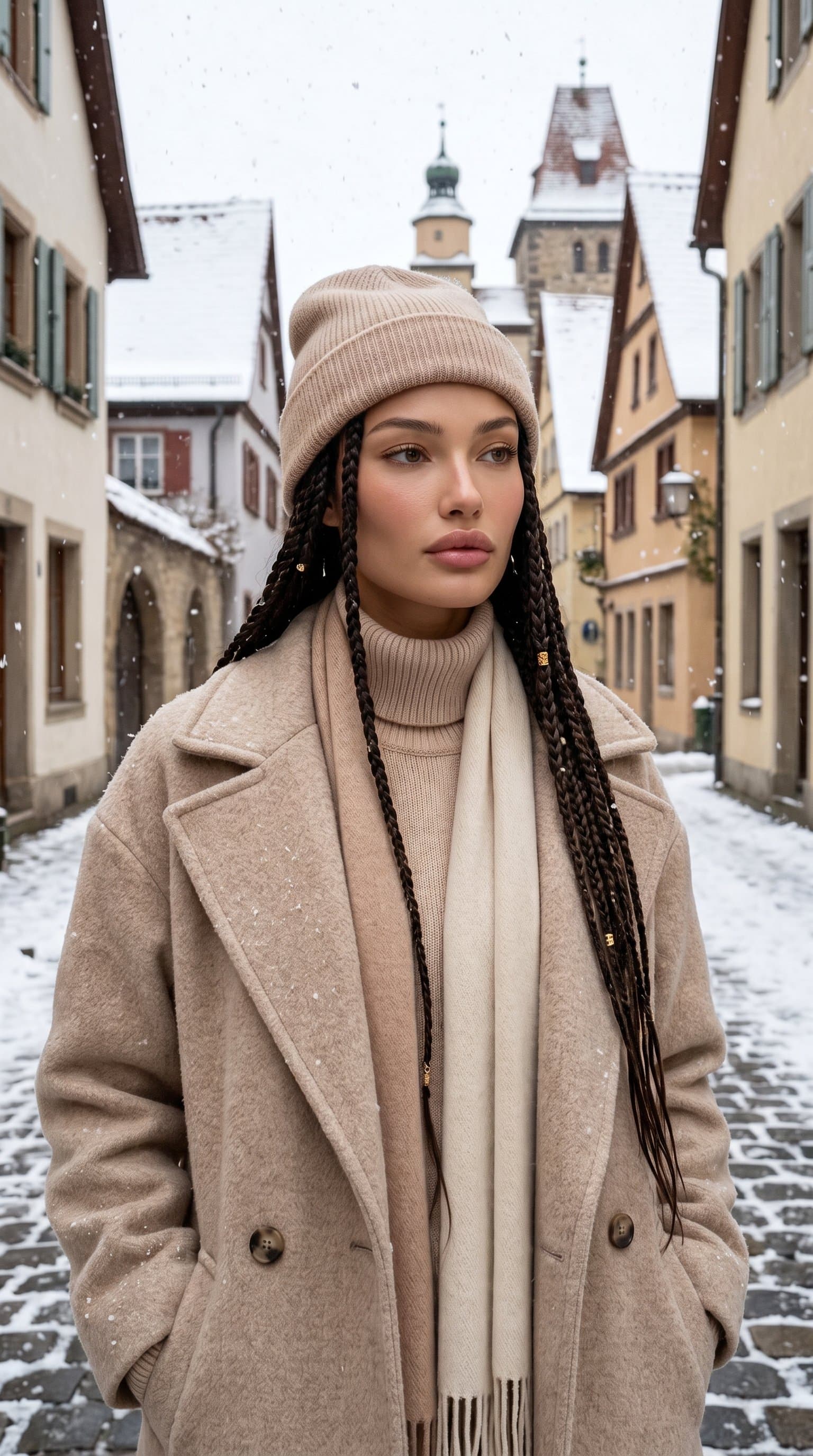 woman in a layered, nude winter ensemble standing in a quaint, snow-covered street, looking contemplative