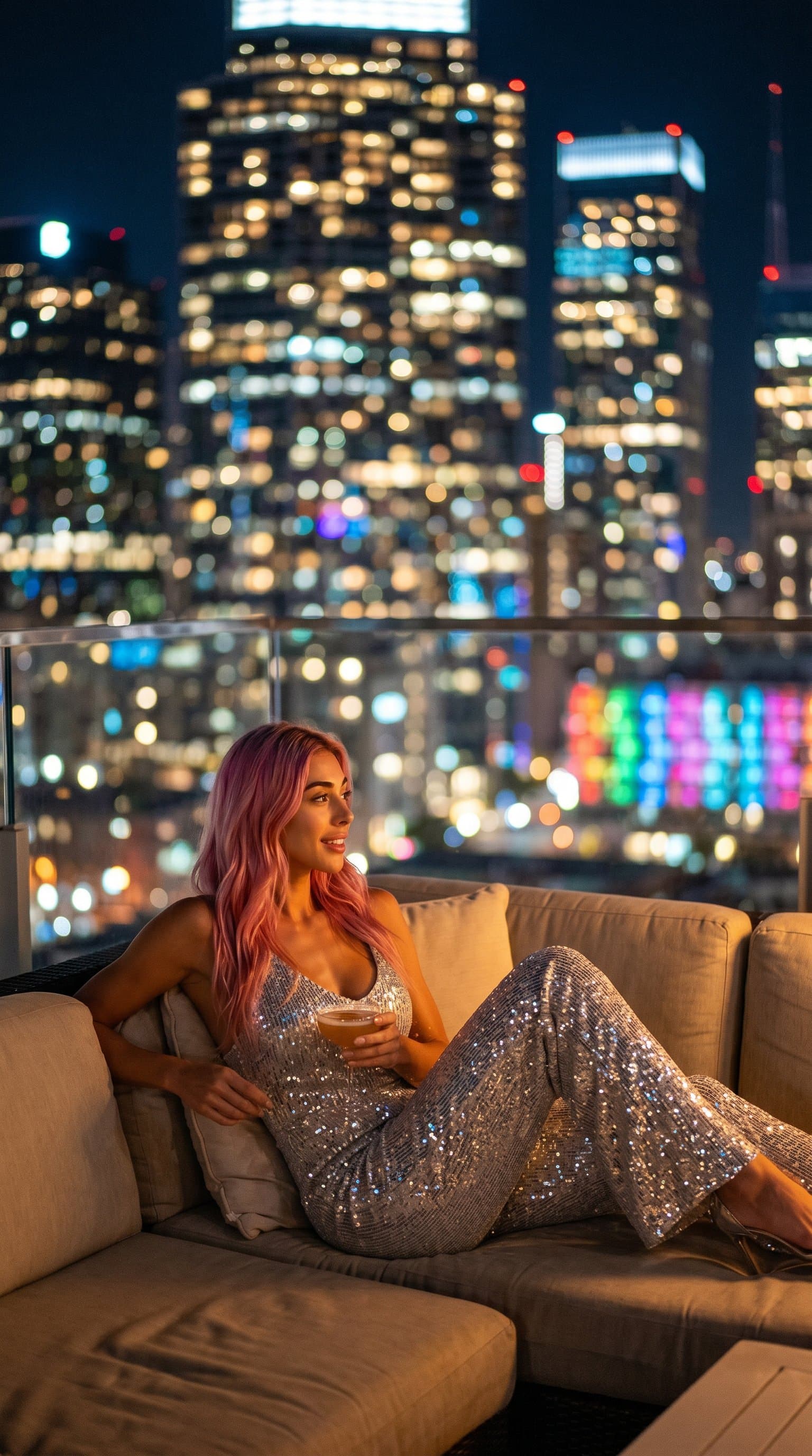 woman lounging on a rooftop, wearing a sequined outfit with city lights providing a beautiful bokeh effect