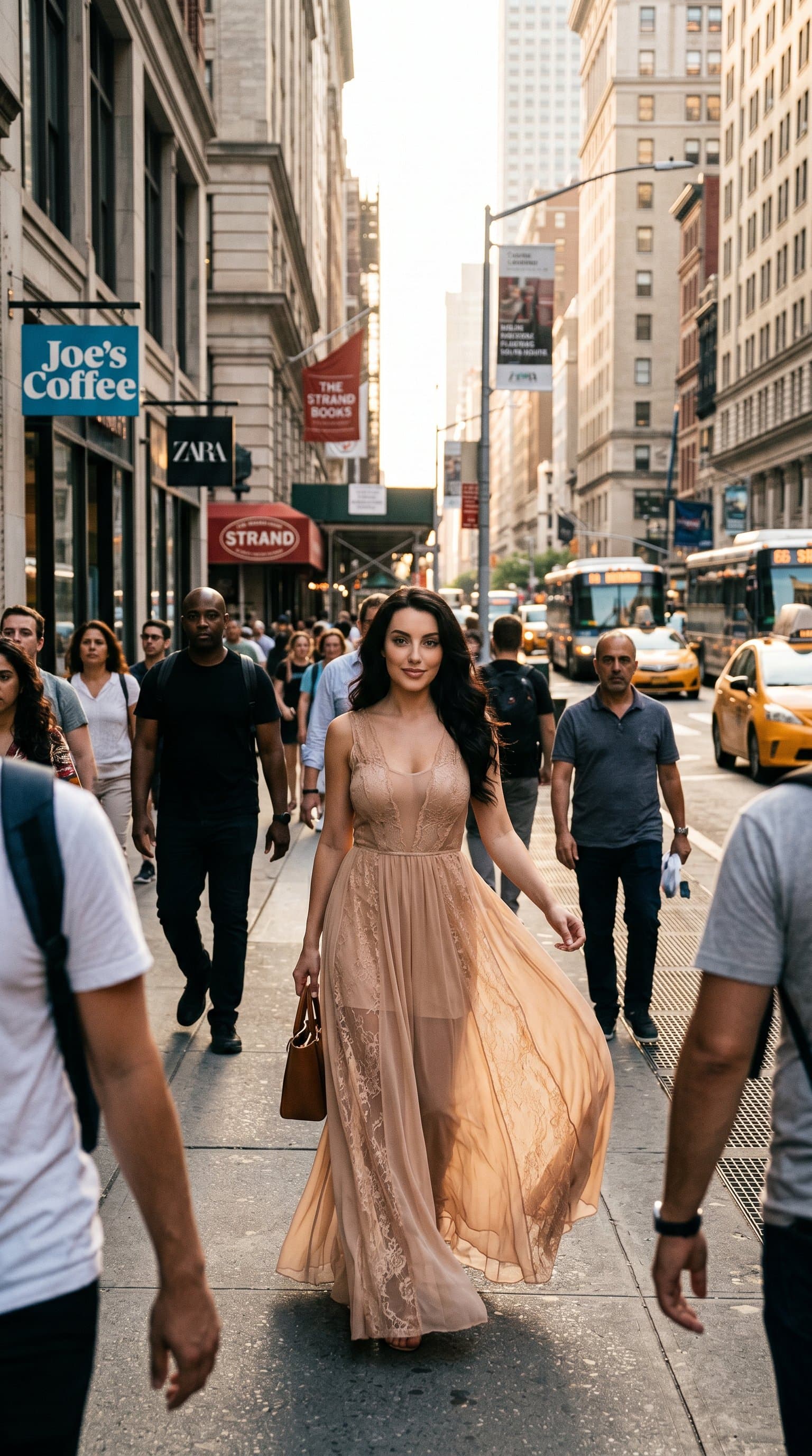 woman in a sheer, nude maxi dress walking down a bustling city street, a soft smile playing on their lips