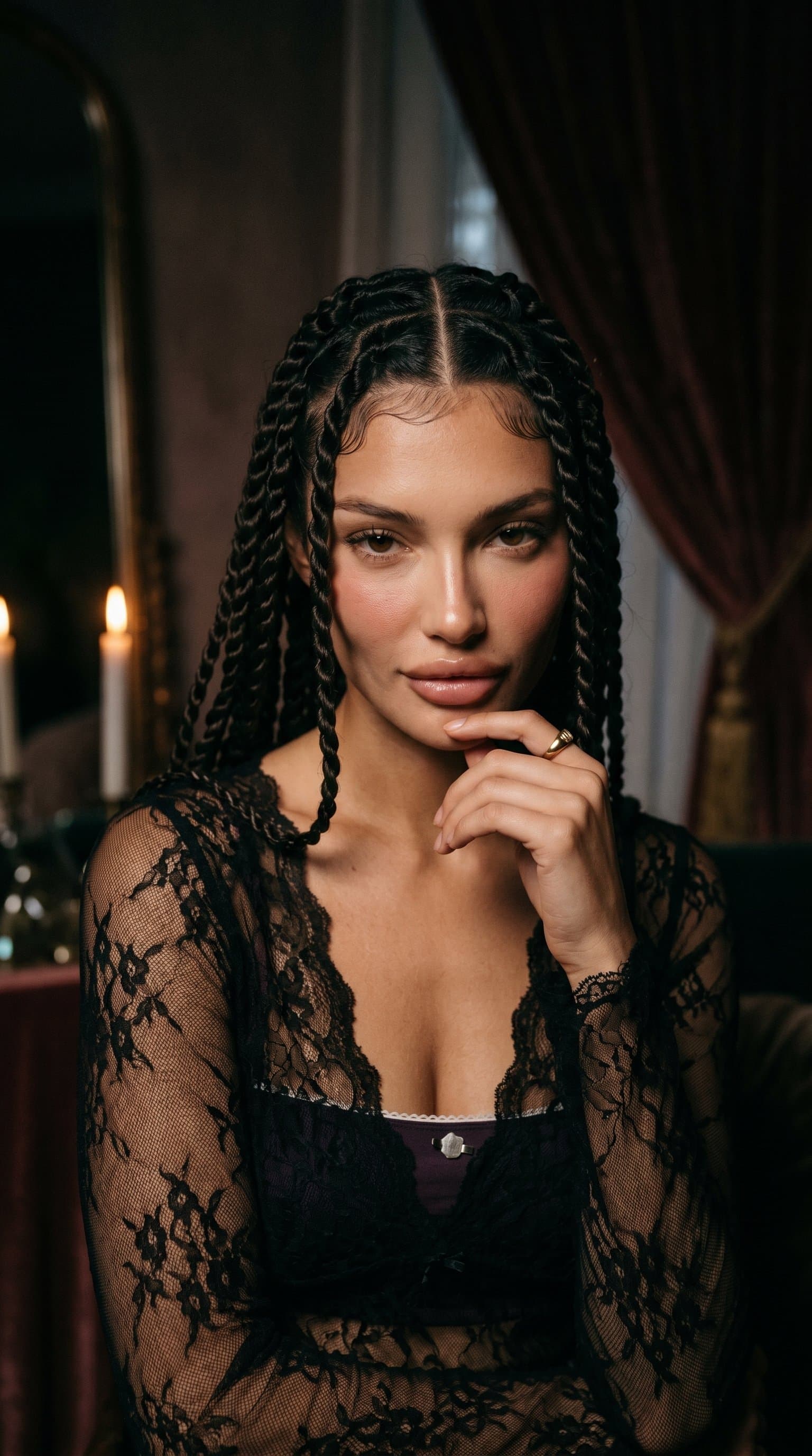 woman seductively eyeing the camera in a dimly lit room, wearing a delicate lace ensemble