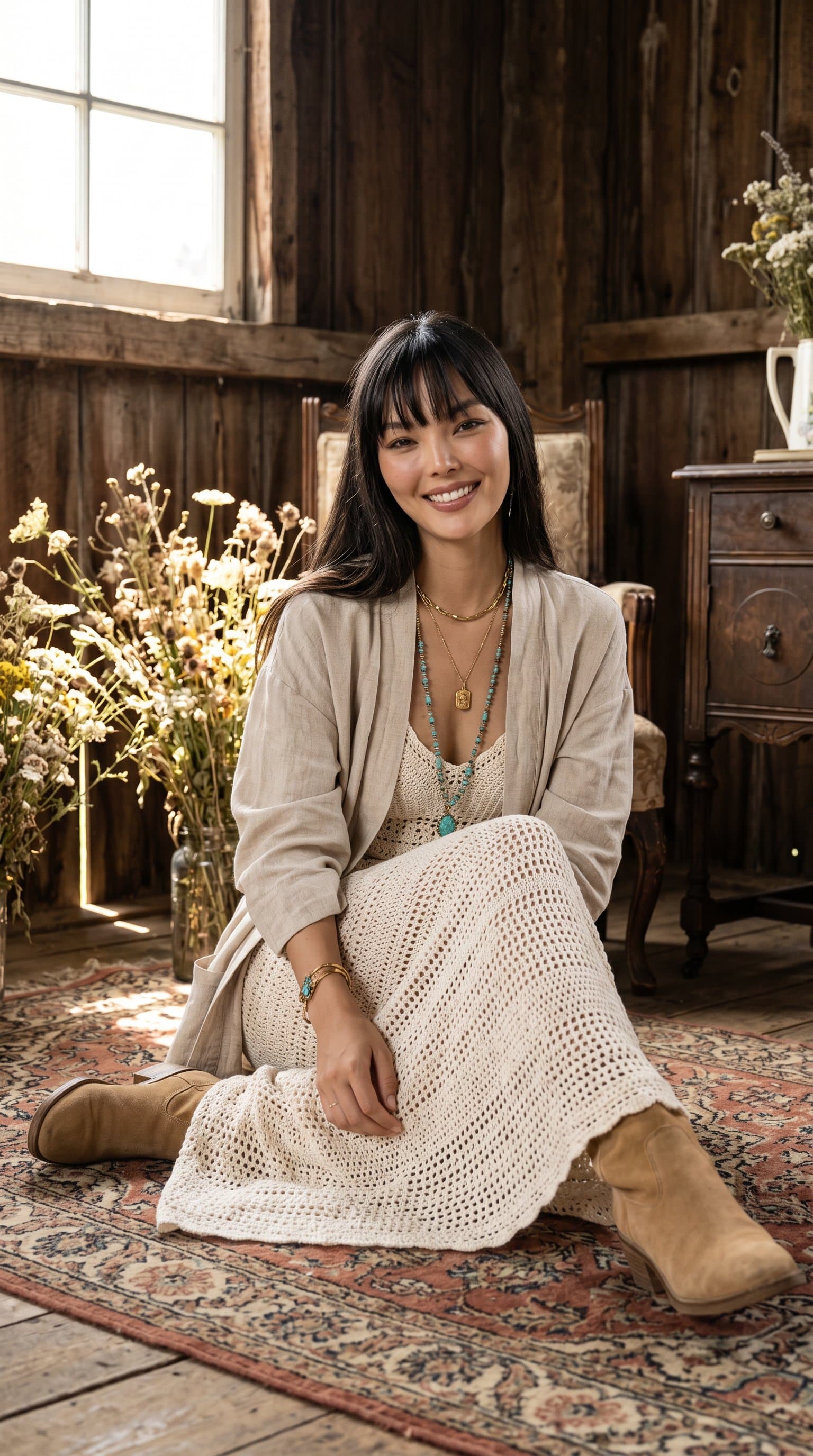 woman in a nude boho-chic outfit in a rustic setting, smiling warmly and engaging the camera directly