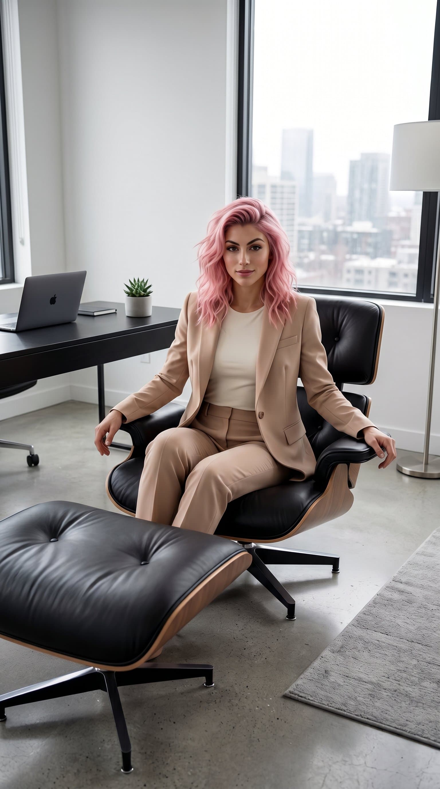 woman in a nude tailored suit sitting on a leather chair in a minimalist monochrome office, looking confidently into the camera