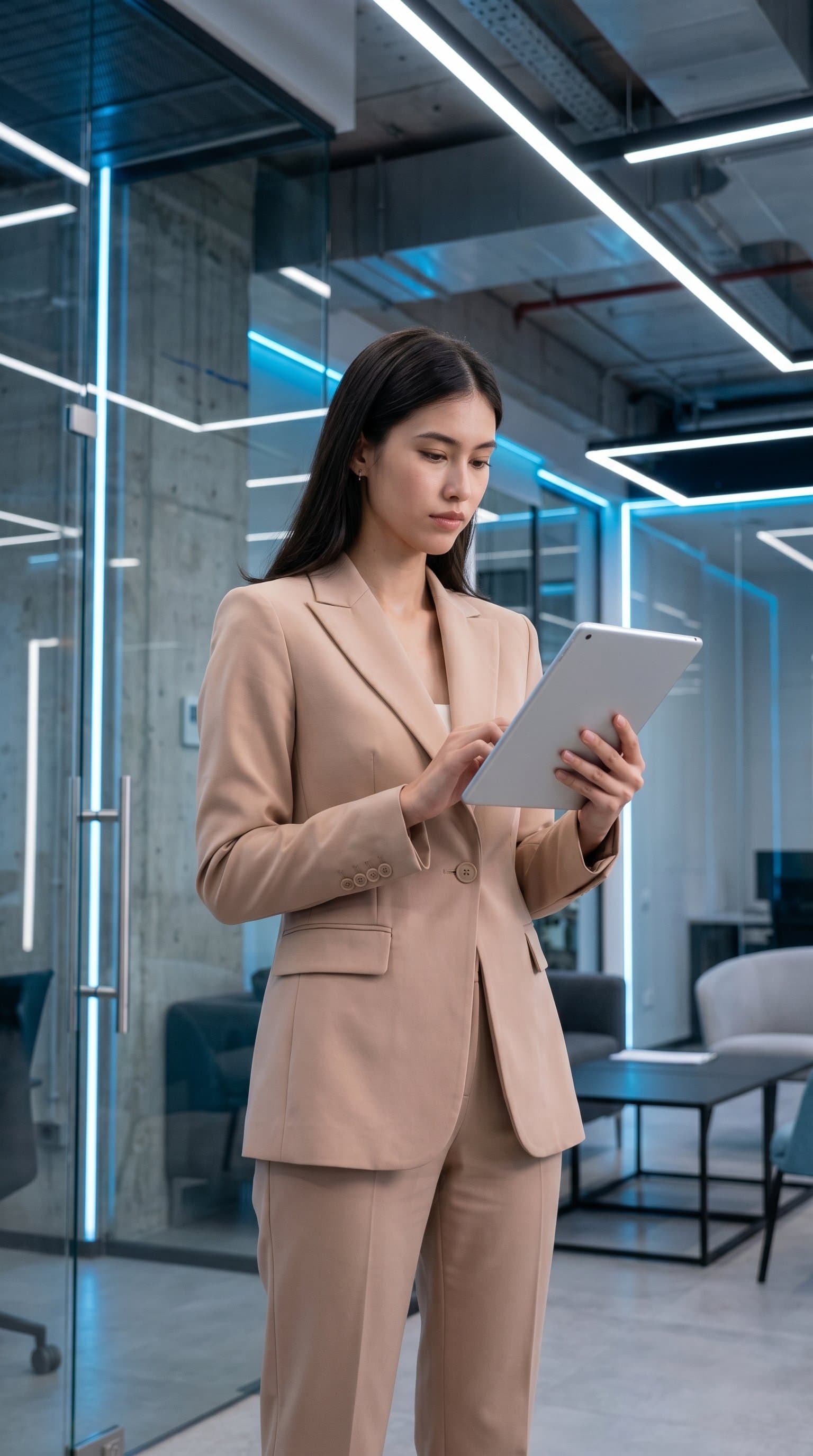 woman in a nude, structured pantsuit in a high-tech office setting, under cool lighting, looking focused and professional