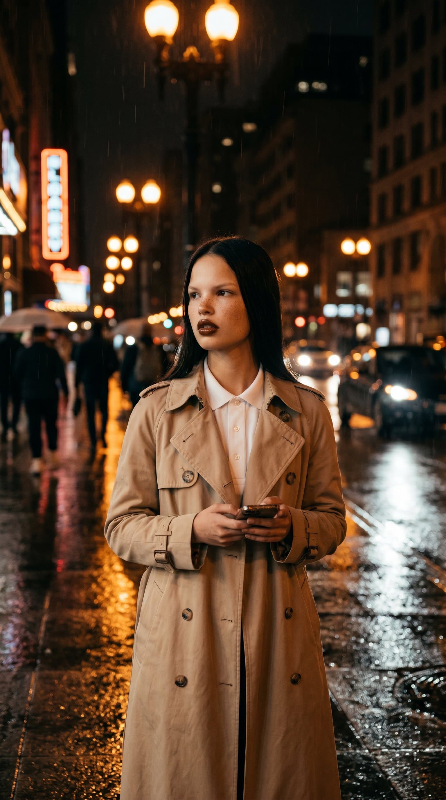 woman clad in a nude trench coat under city street lights, with wet pavement reflecting the light and creating a moody atmosphere