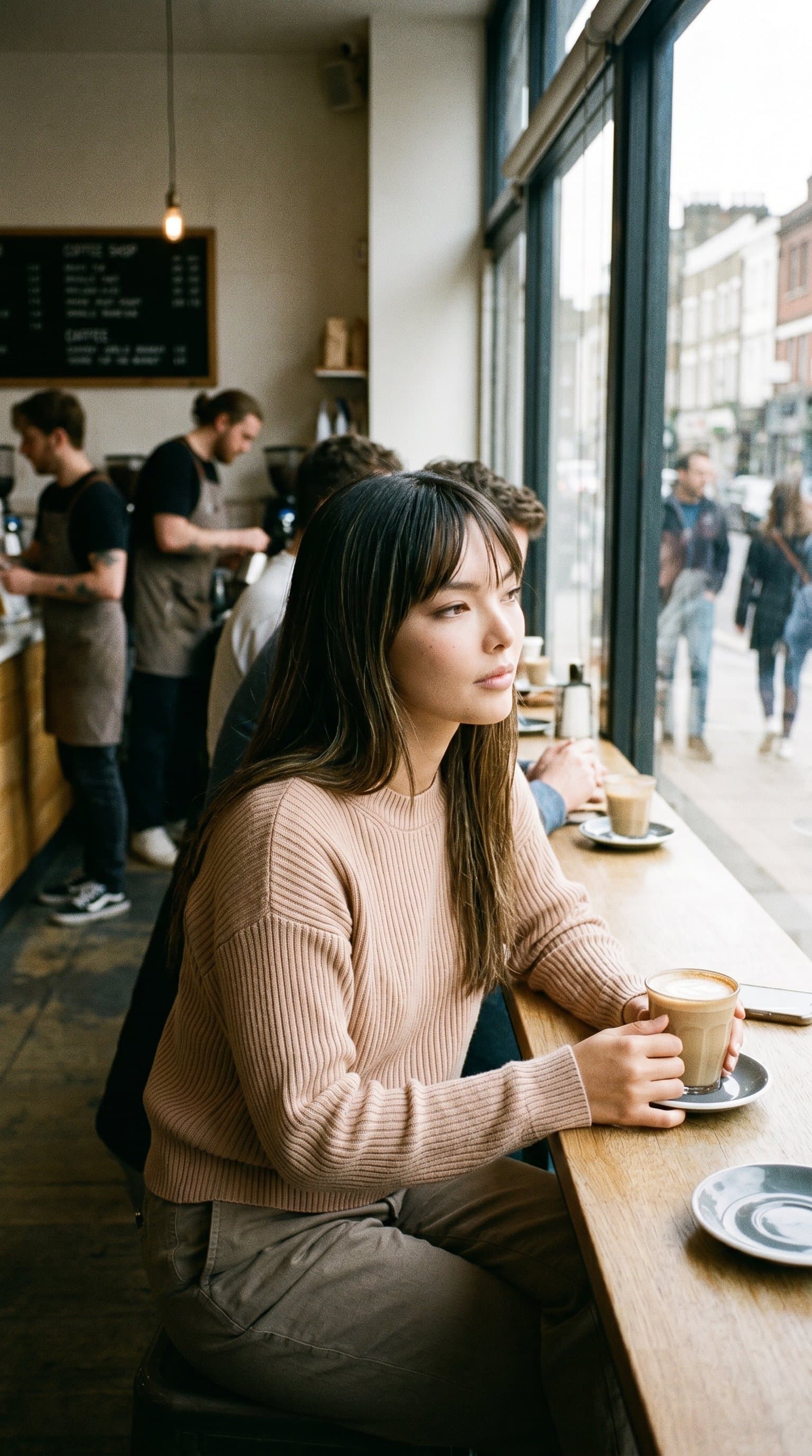 woman in a nude casual outfit, sitting in a busy coffee shop, looking out the window, capturing a candid, relaxed mood