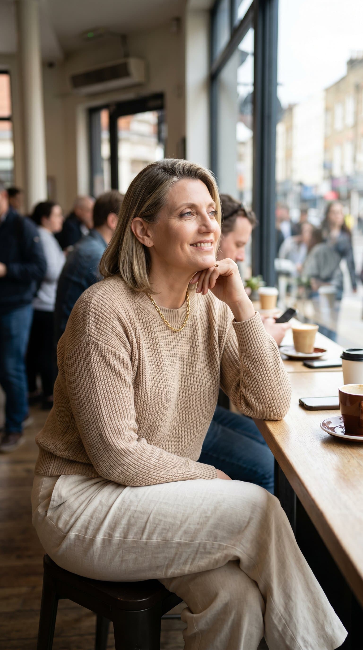 woman in a nude casual outfit, sitting in a busy coffee shop, looking out the window, capturing a candid, relaxed mood