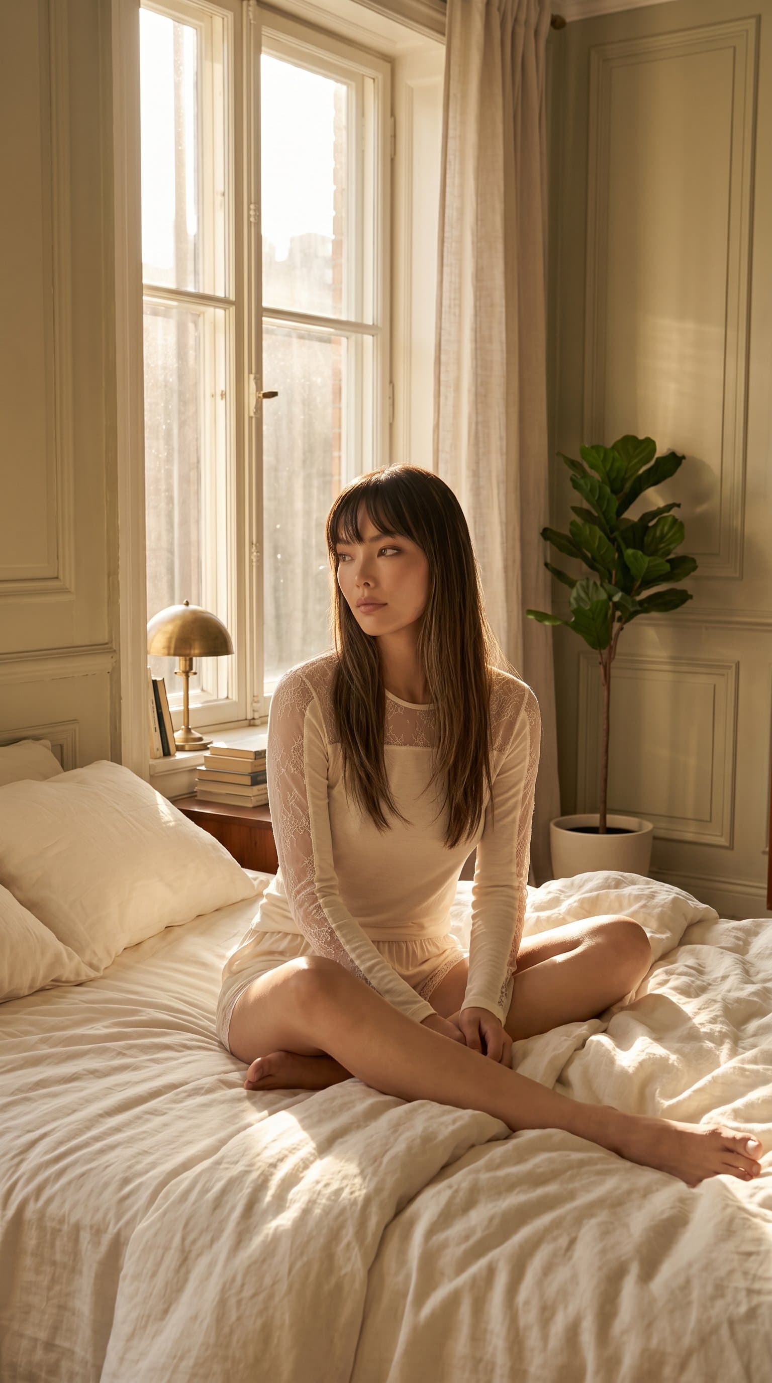 woman in semi-transparent sleepwear, posing in front of a window with morning light streaming in