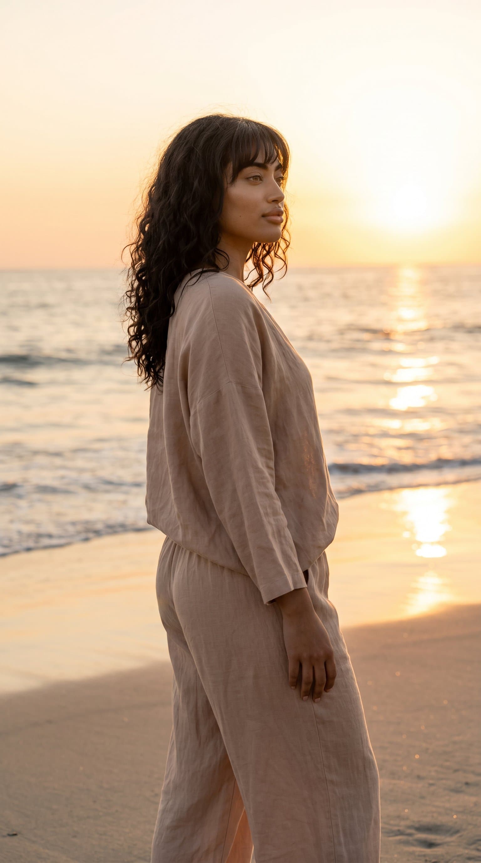 woman at a beach during sunset, wearing a loose nude linen outfit, looking out onto the water emphasizing serenity and calm