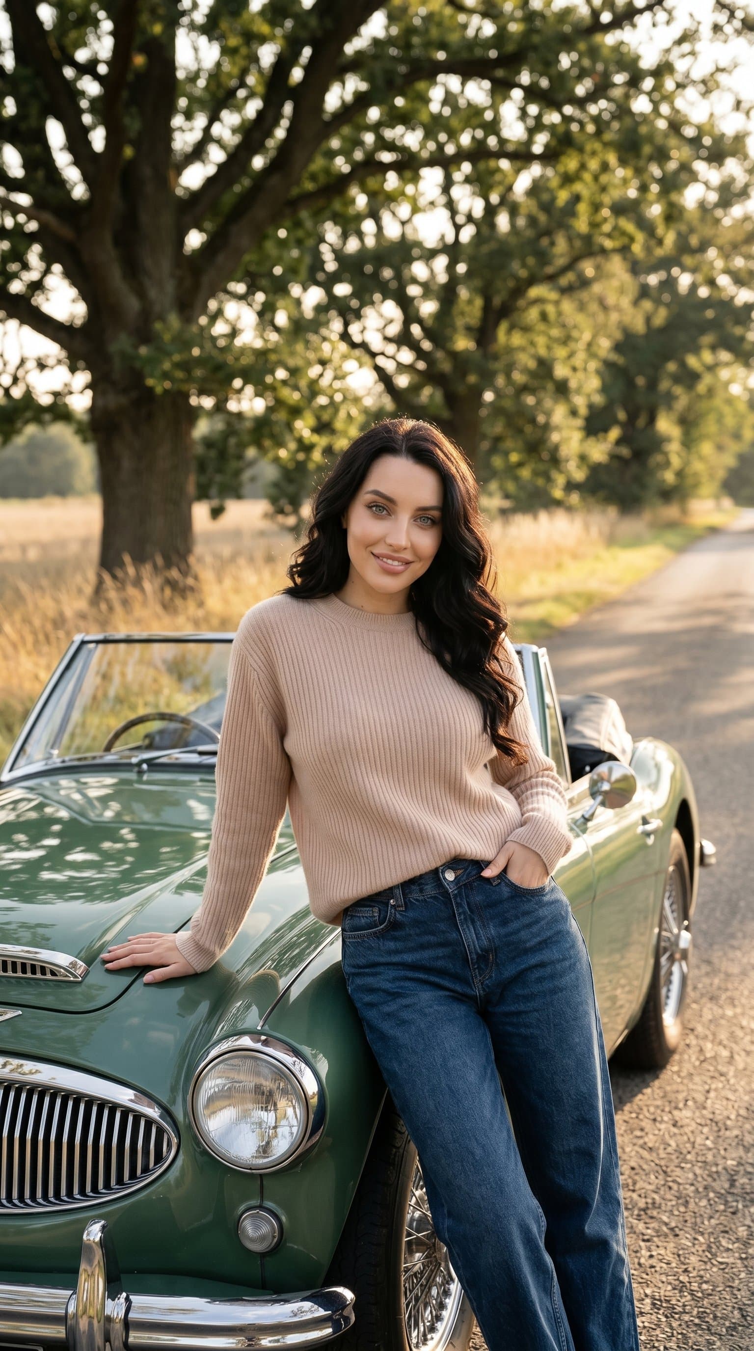 woman in a nude cashmere sweater and denim, leaning against a vintage car, under golden hour light, exuding a classic, timeless mood