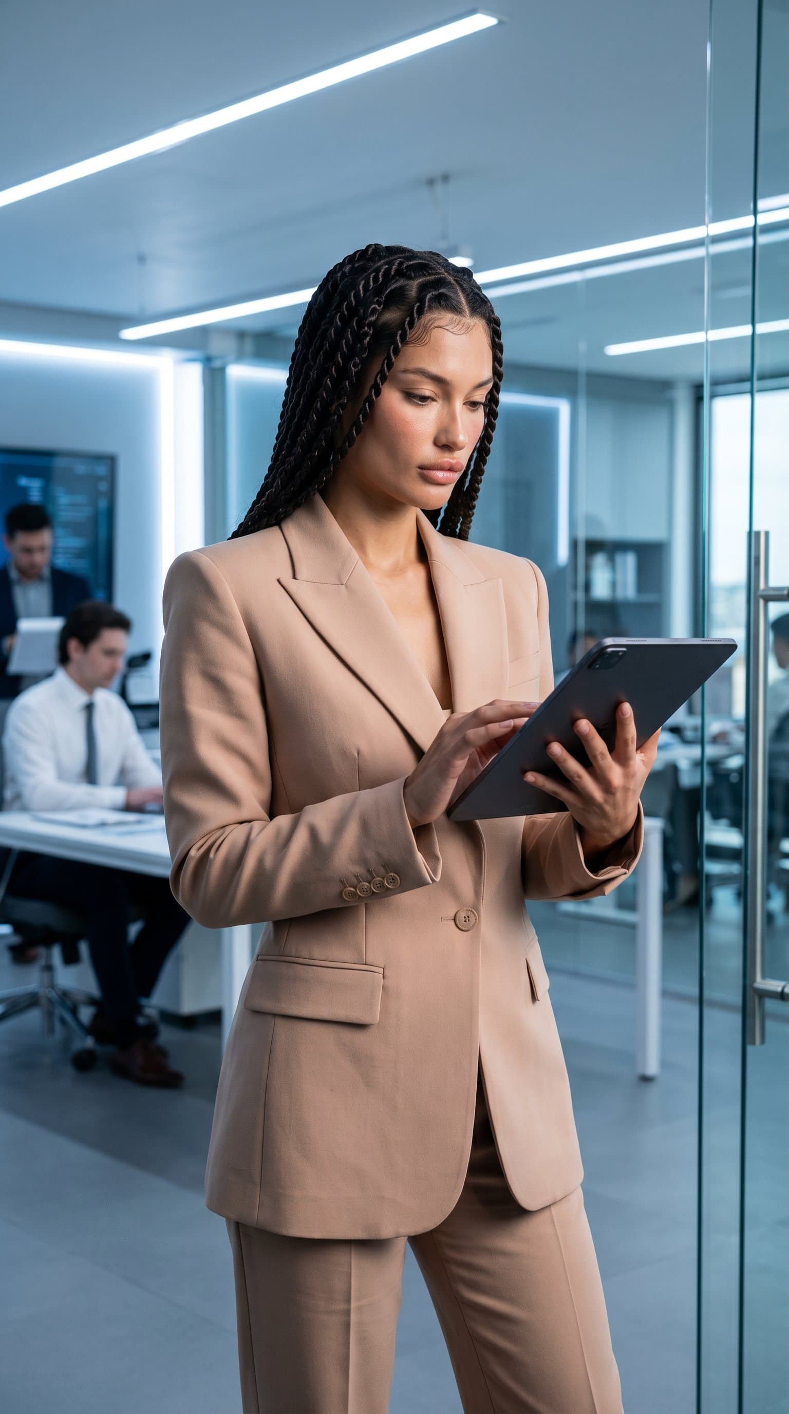 woman in a nude, structured pantsuit in a high-tech office setting, under cool lighting, looking focused and professional