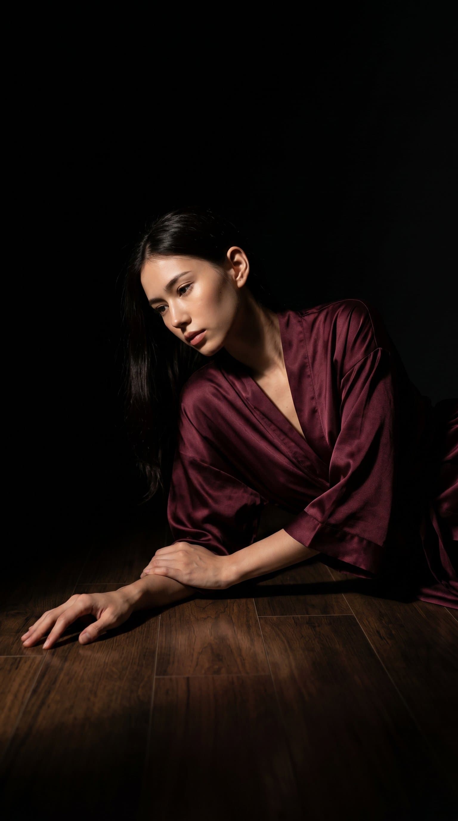 woman reclining on a hardwood floor, wearing a silky robe with dramatic, low-key lighting