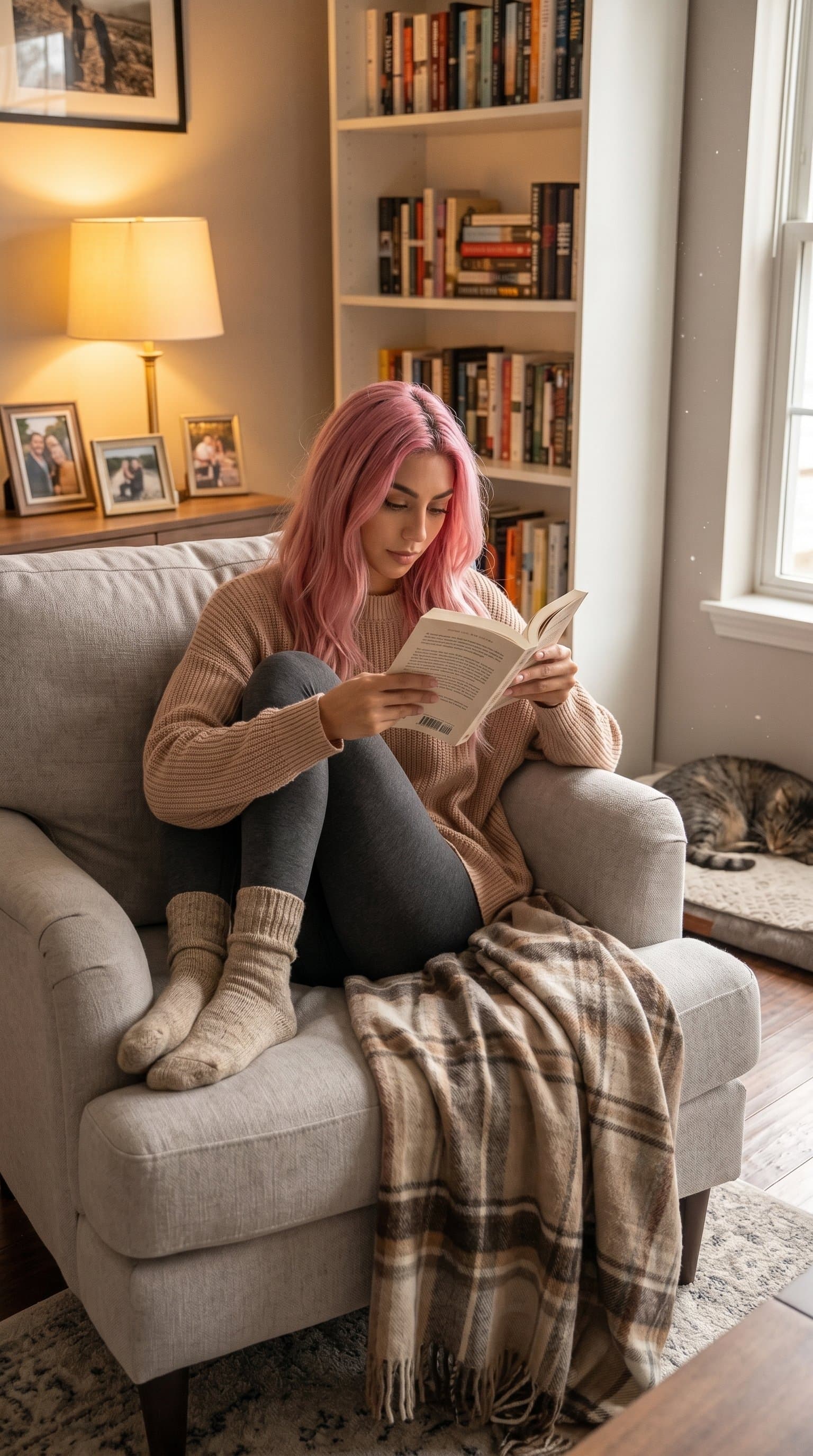 woman in a nude, oversized sweater and leggings, curled up with a book in a cozy, home setting, encapsulating a comfortable, relaxed vibe