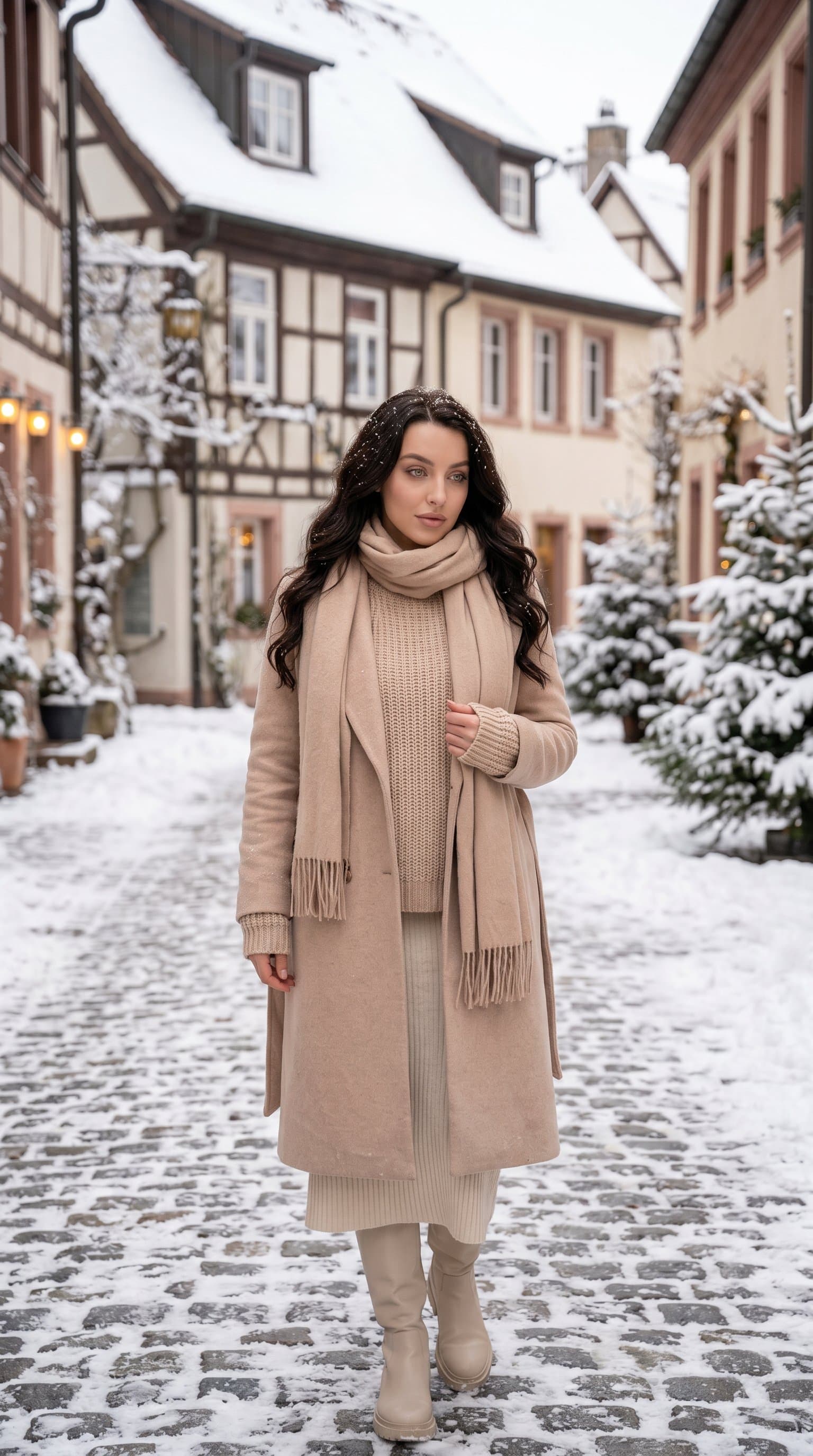 woman in a layered, nude winter ensemble standing in a quaint, snow-covered street, looking contemplative