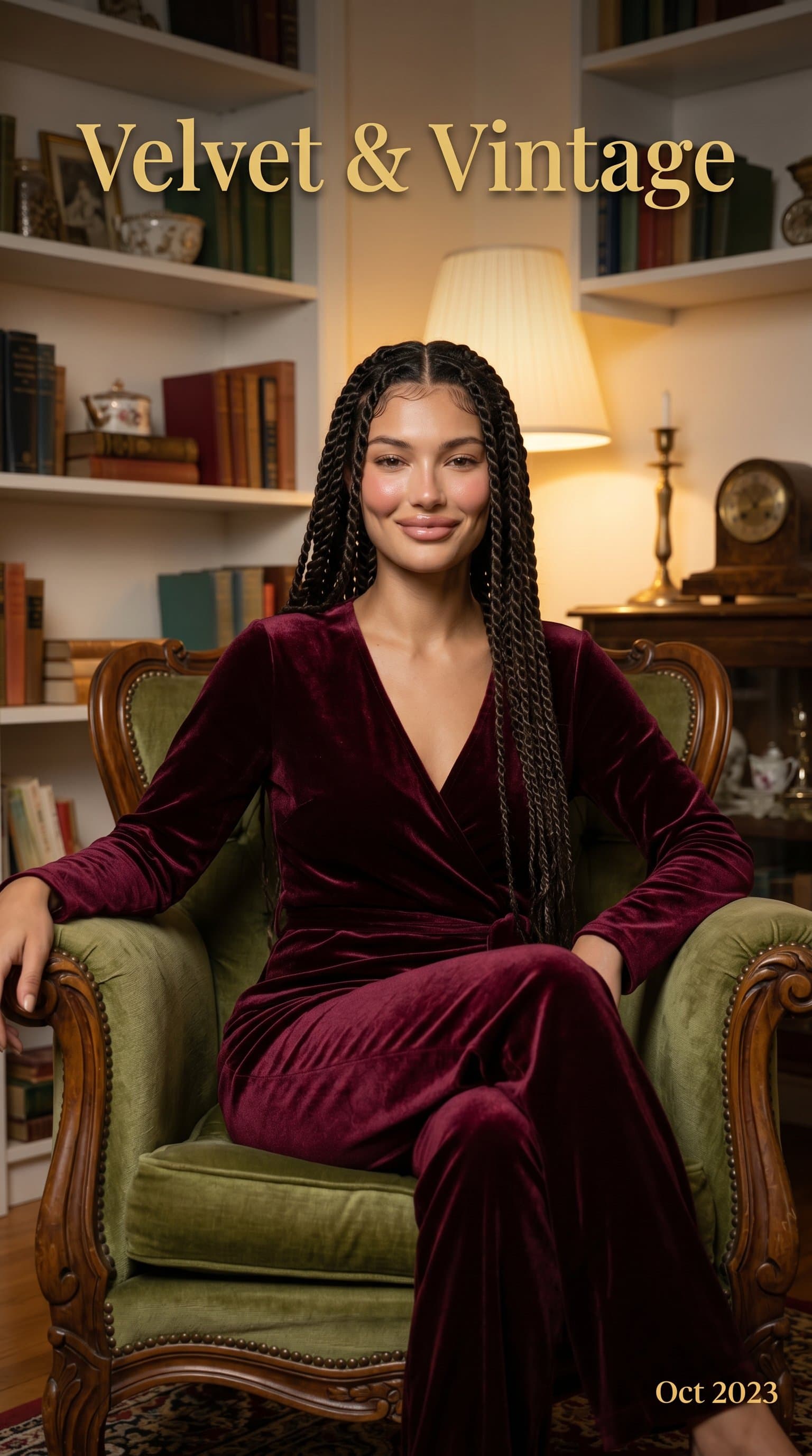 woman sitting on a vintage armchair, wearing a velvet outfit with a warm, diffused lighting