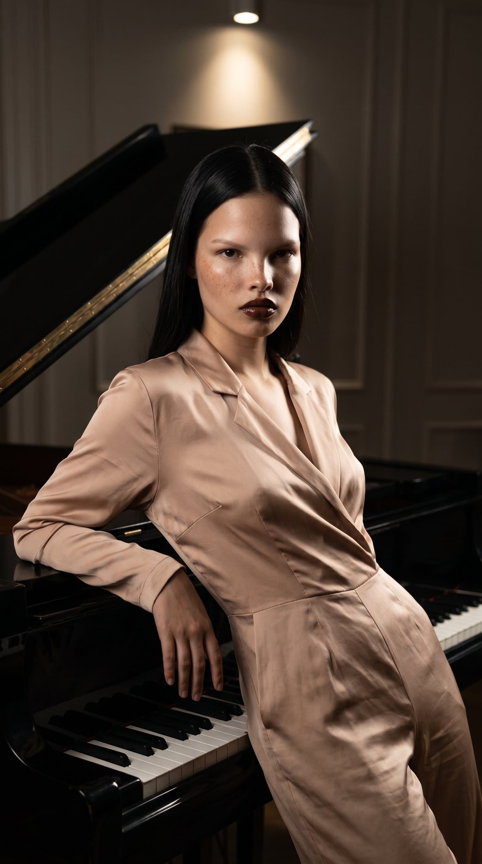 woman in a nude silk jumpsuit leaning on a grand piano, under dramatic downlight, looking straight into the camera with a serious expression