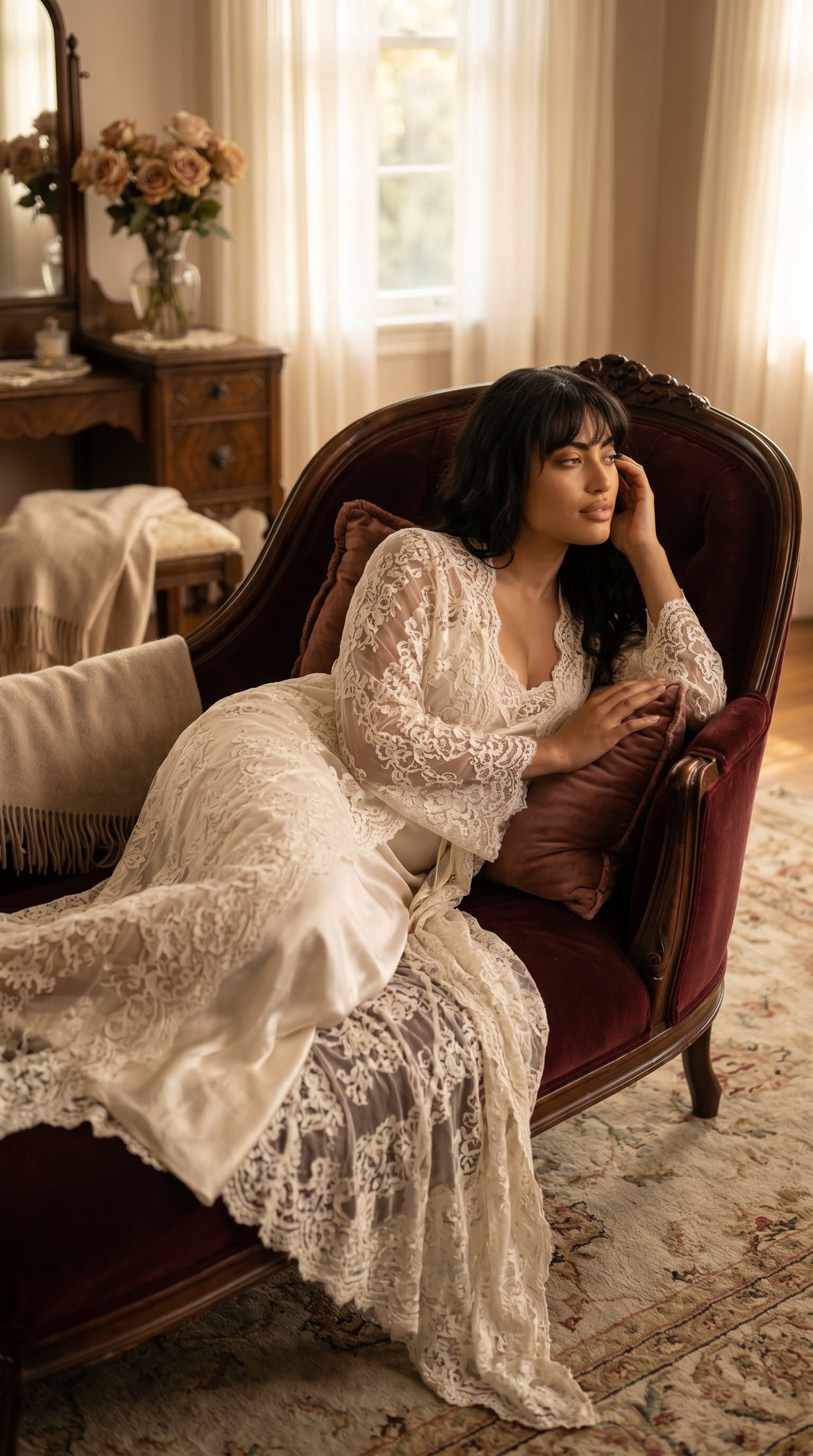 woman reclining on a luxury chaise lounge in a lace robe with soft, romantic lighting