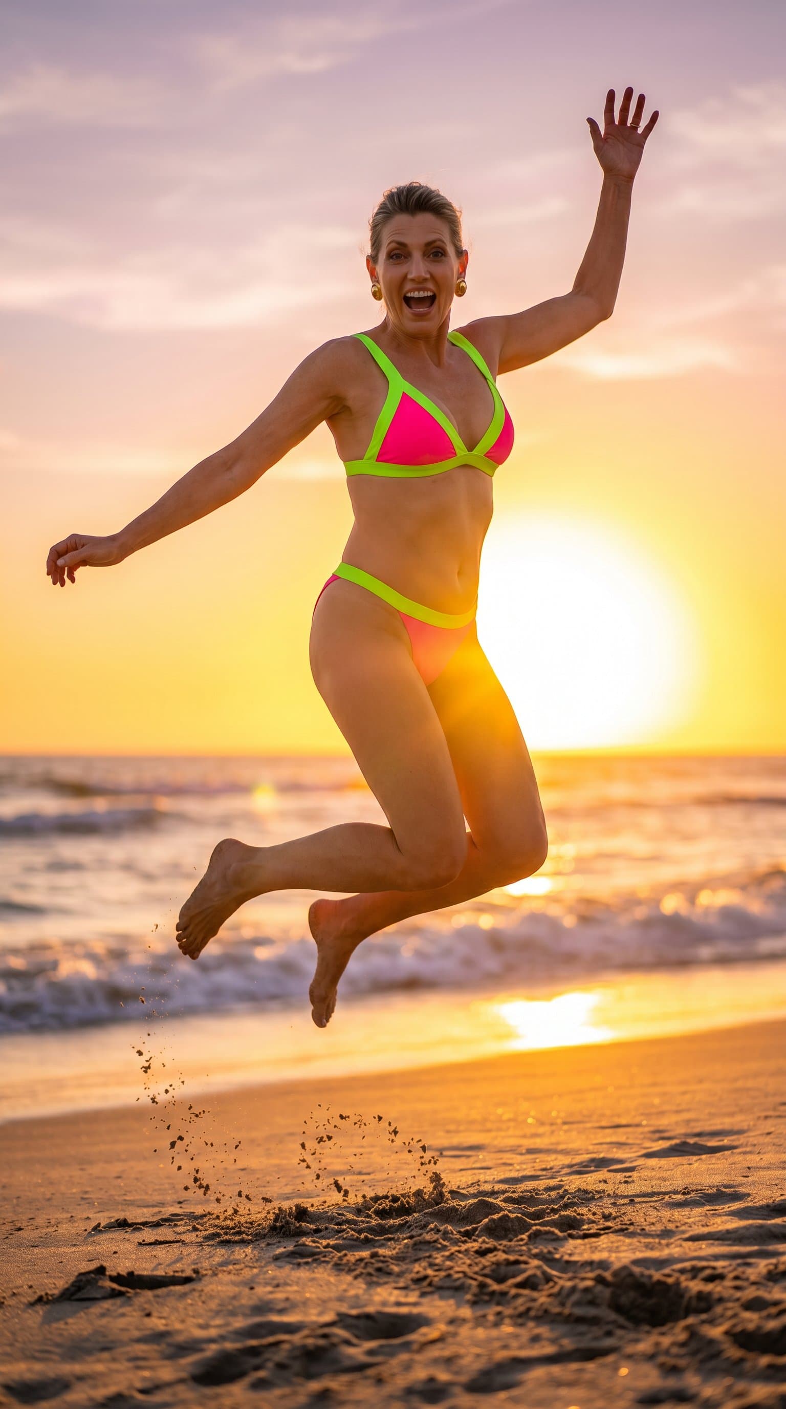 A woman in a neon bikini, jumping high on a sandy beach, with the sun setting in the background