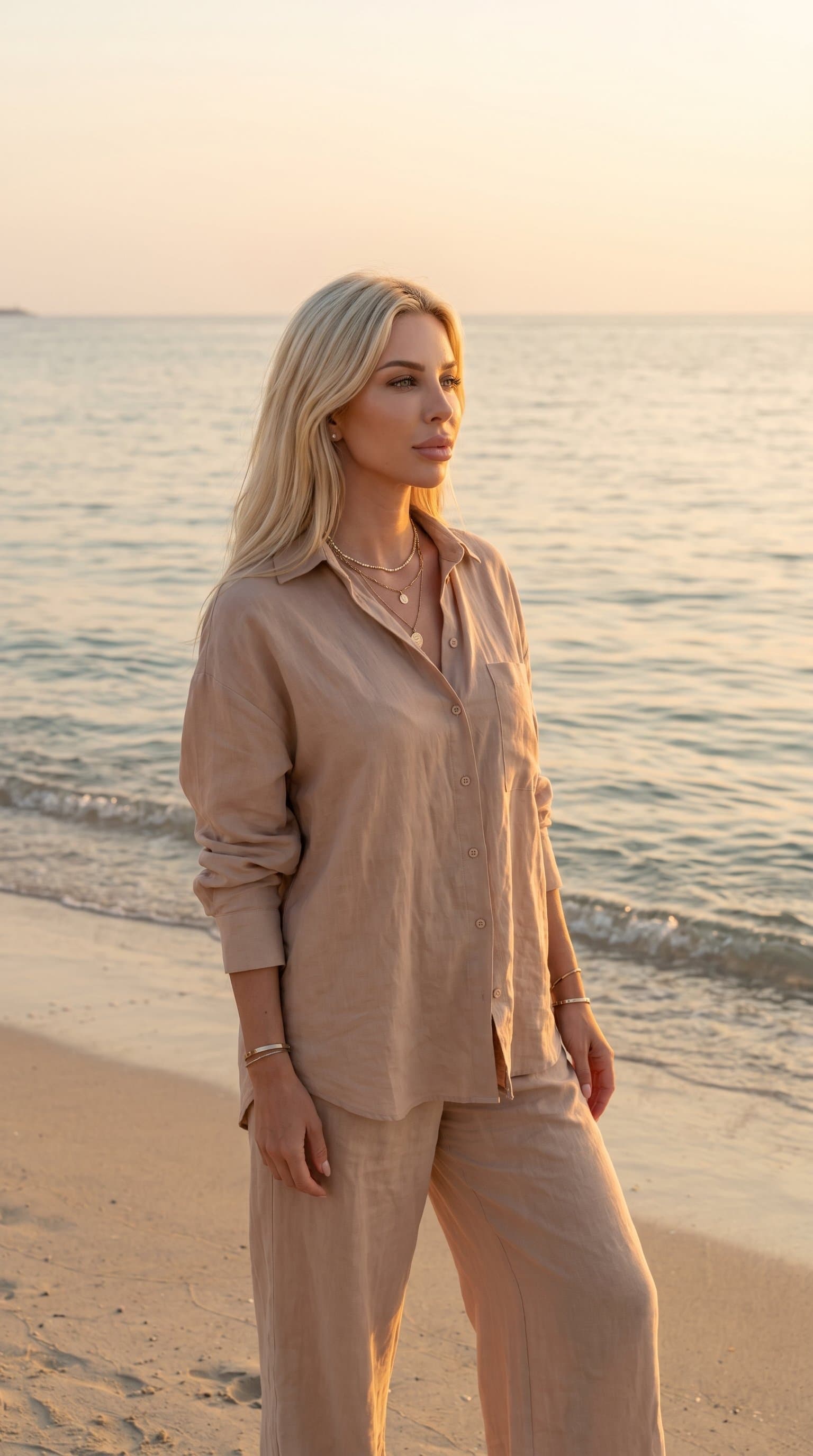 woman at a beach during sunset, wearing a loose nude linen outfit, looking out onto the water emphasizing serenity and calm