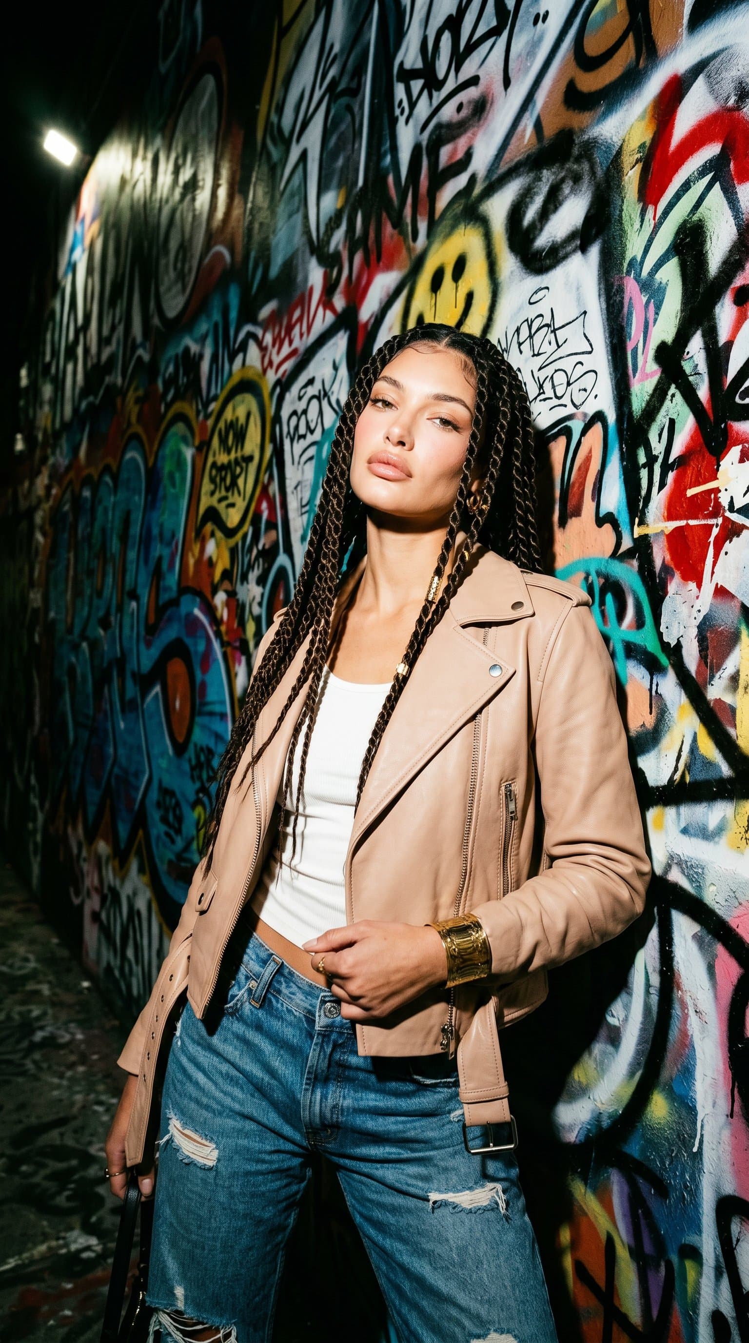 woman in a nude leather jacket and jeans posing against a graffiti wall, with dynamic, high contrast lighting emphasizing edginess