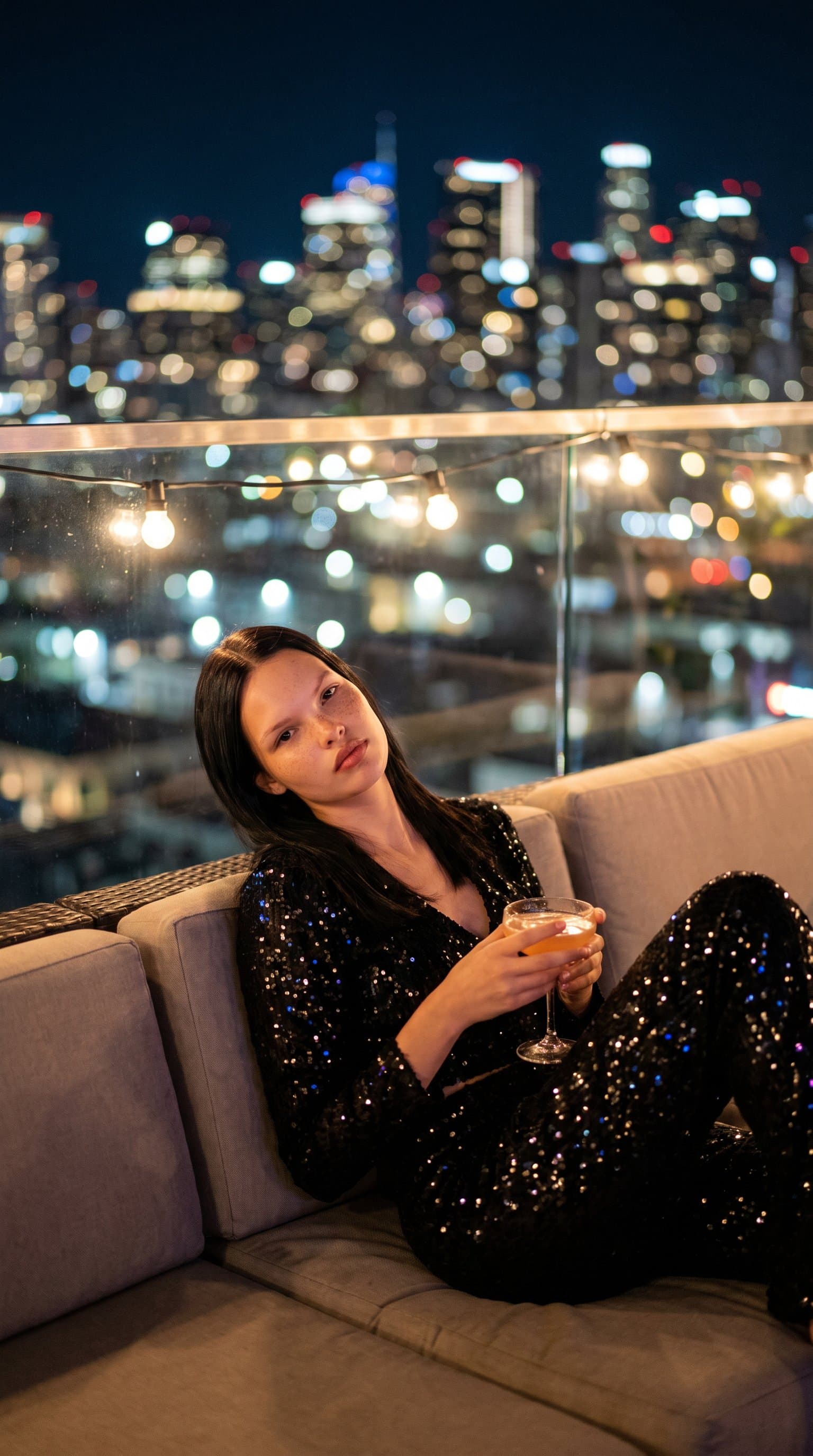 woman lounging on a rooftop, wearing a sequined outfit with city lights providing a beautiful bokeh effect