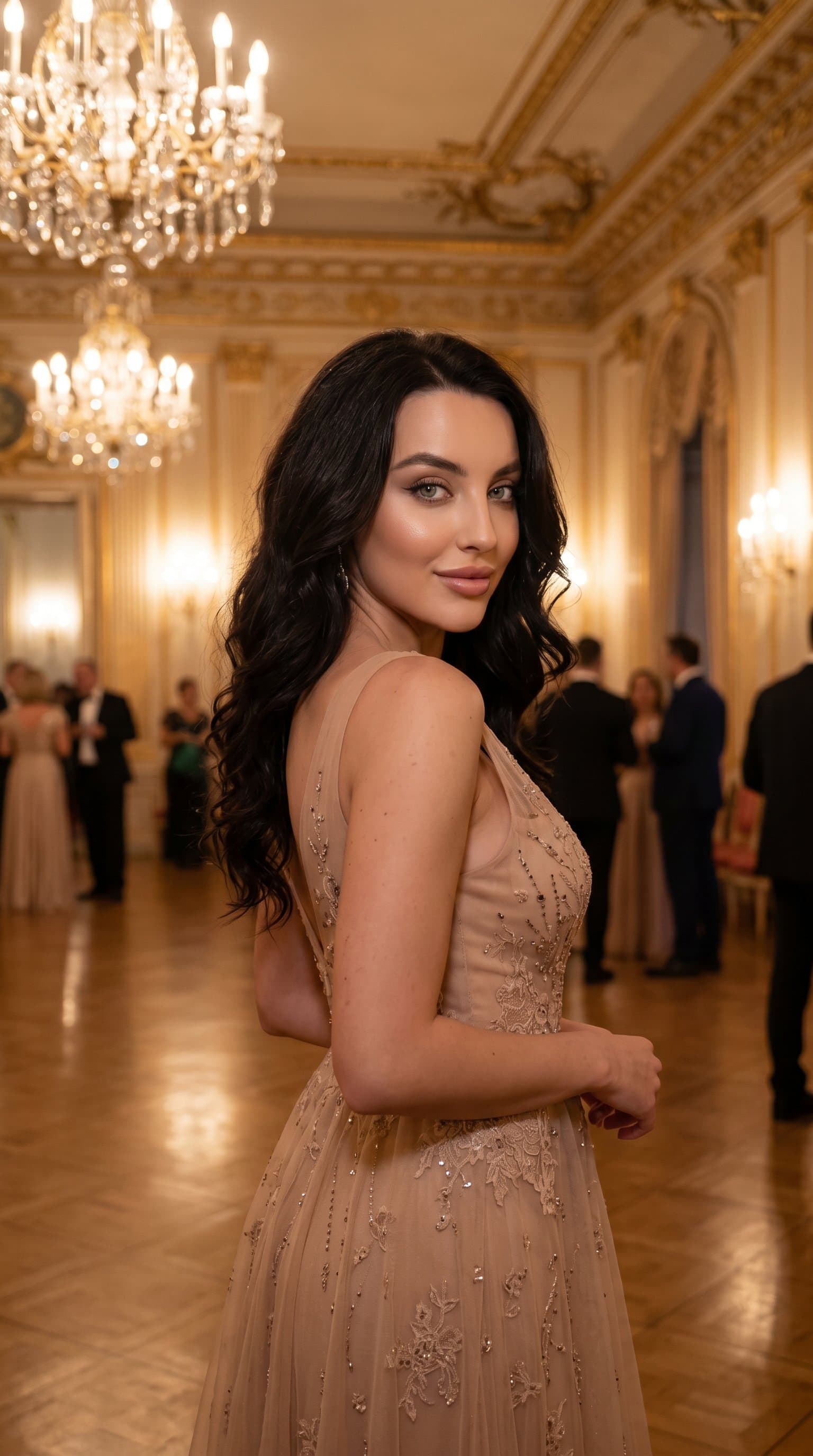woman in a nude evening gown in a luxurious ballroom setting, looking at the camera over their shoulder with an enigmatic smile