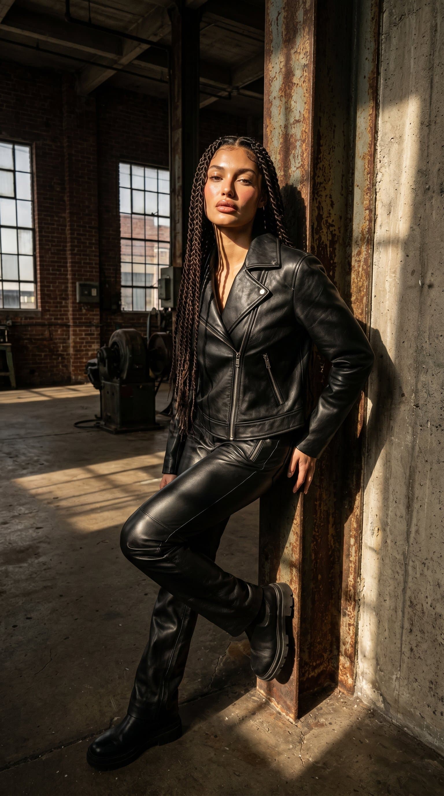 woman posing in an industrial loft, sporting a leather outfit with high contrast, dramatic lighting