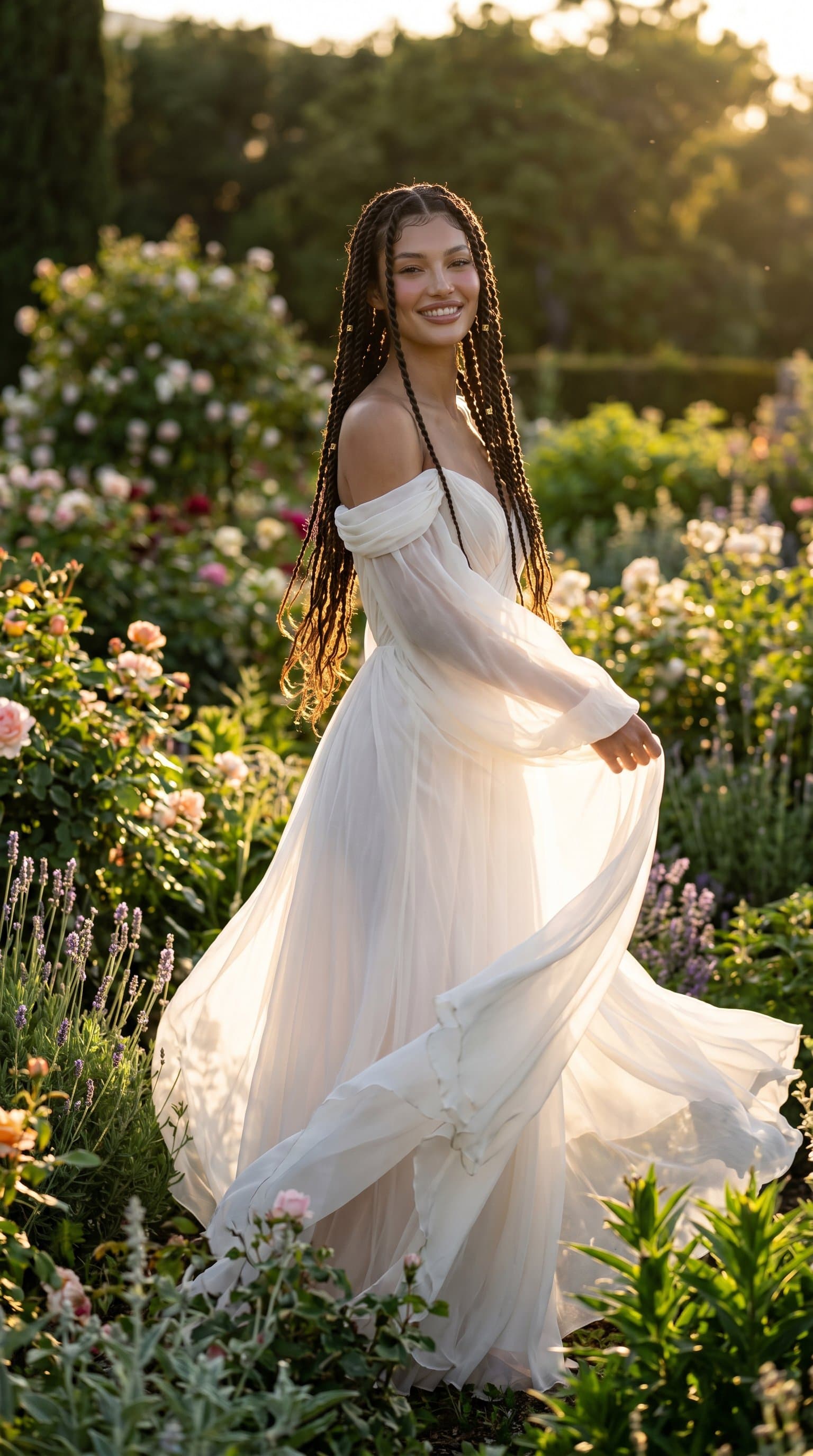 woman standing in a lush garden, wearing a sheer, flowing garment with soft sunset lighting