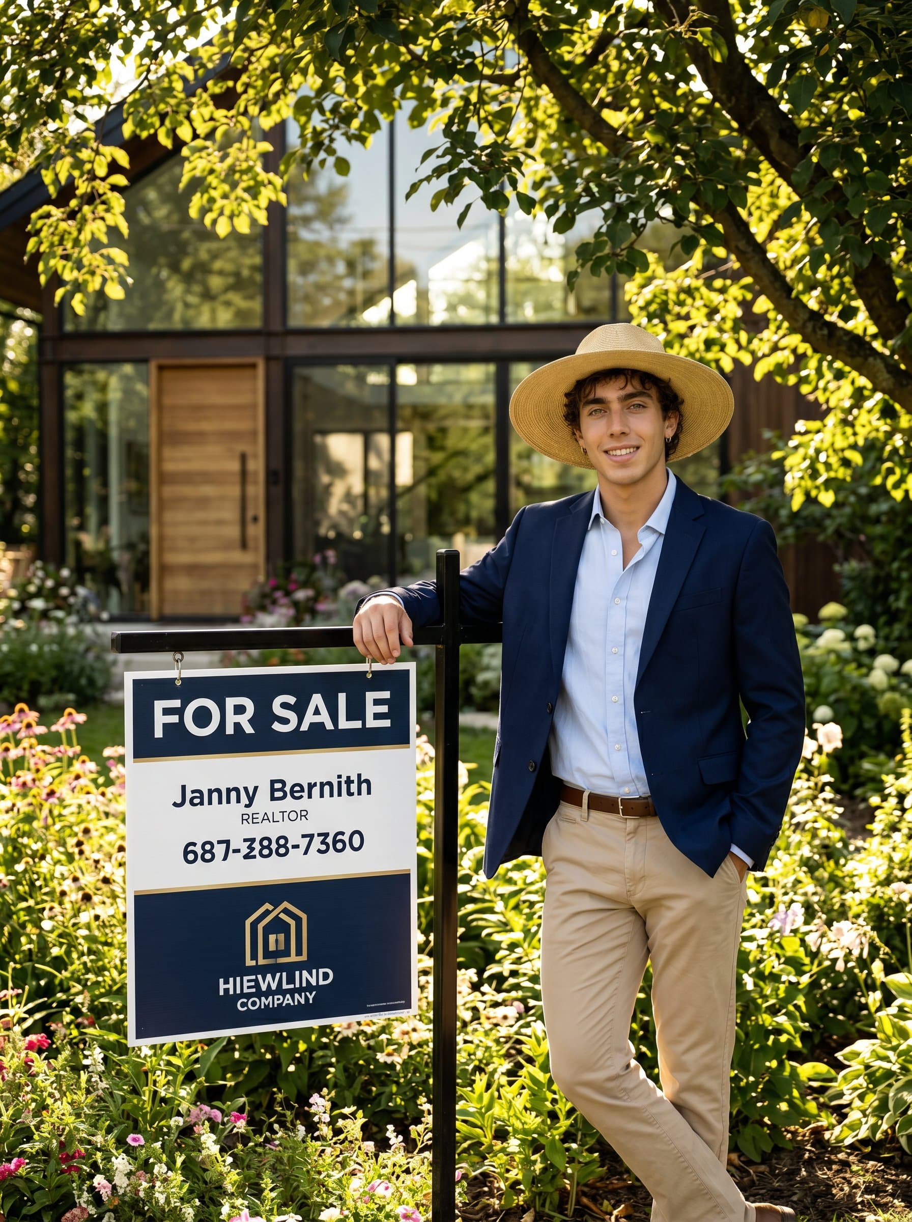 Feature a poised man, standing beside a 'For Sale'