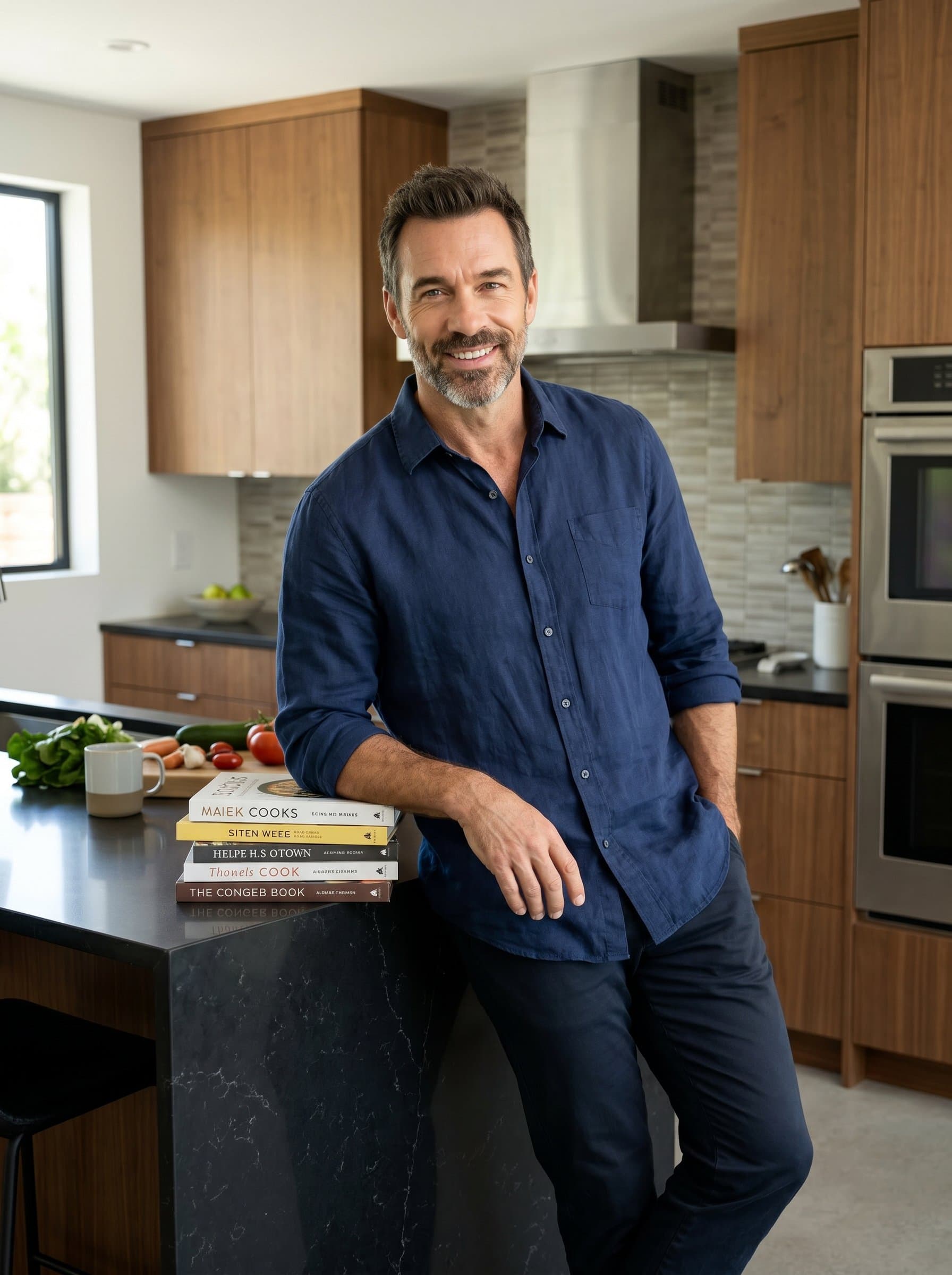 Photograph leaning casually against a kitchen isla