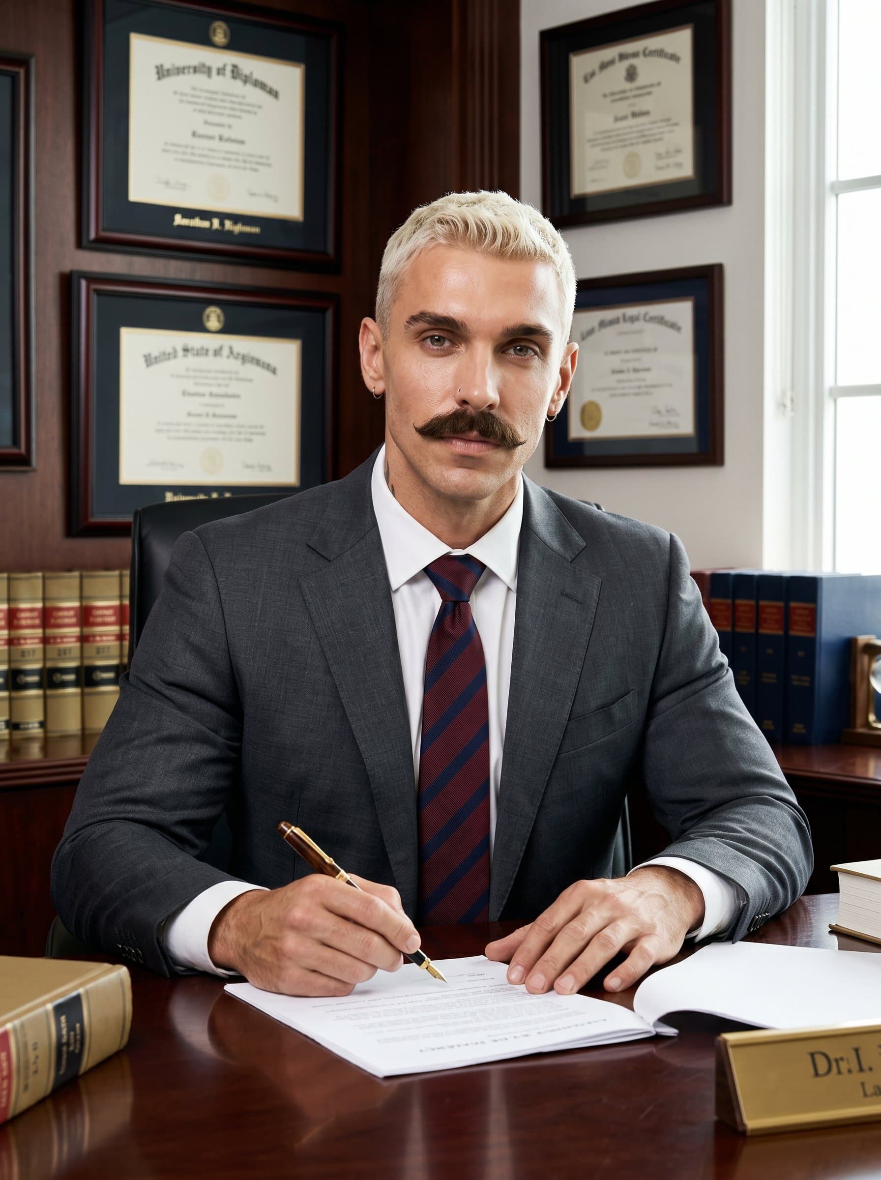 Portrait of a lawyer, seated at a polished wooden desk, pen in hand, with diplomas adorning the wall behind. The law office setting adds a sense of accomplishment and expertise.