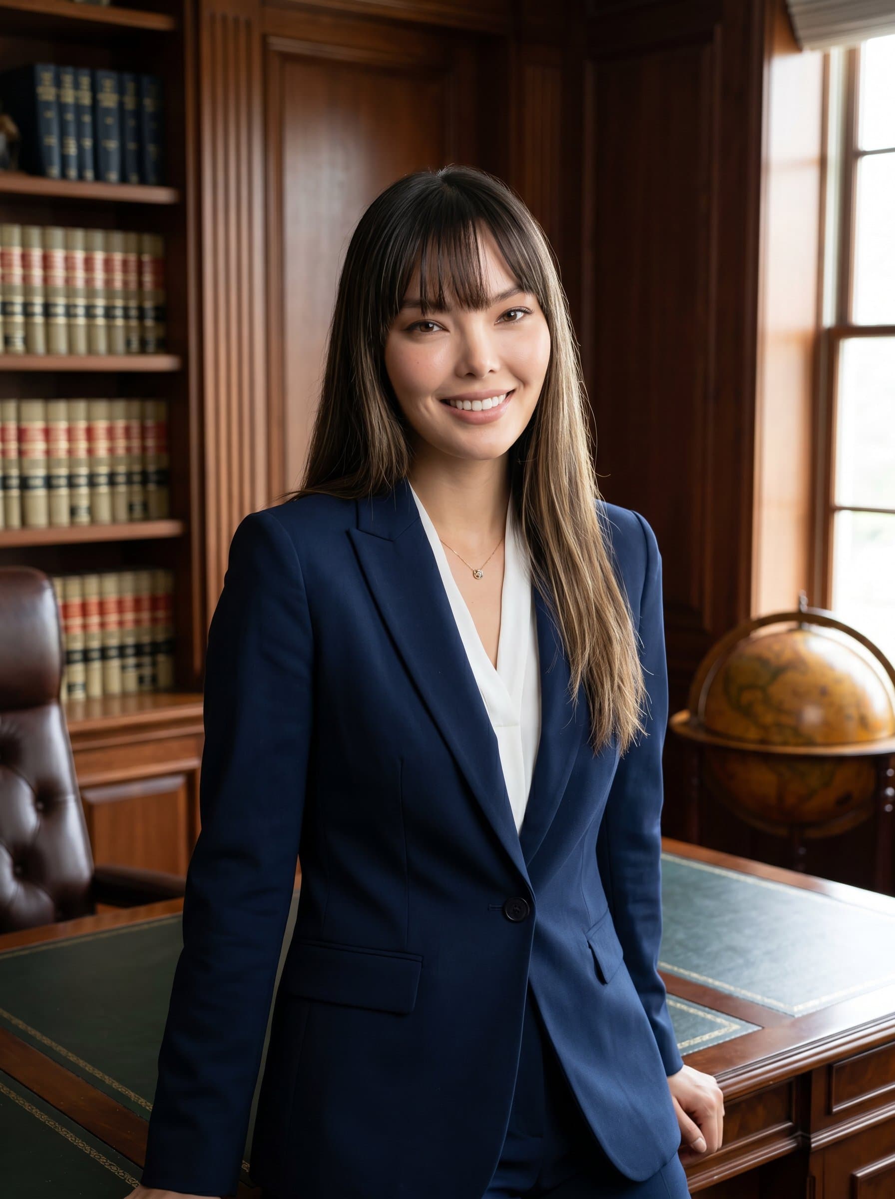 a lawyer in a classic, well-appointed study, with rich wood panels and a globe. An engaging smile suggests approachability while maintaining a sense of authority in the legal field.