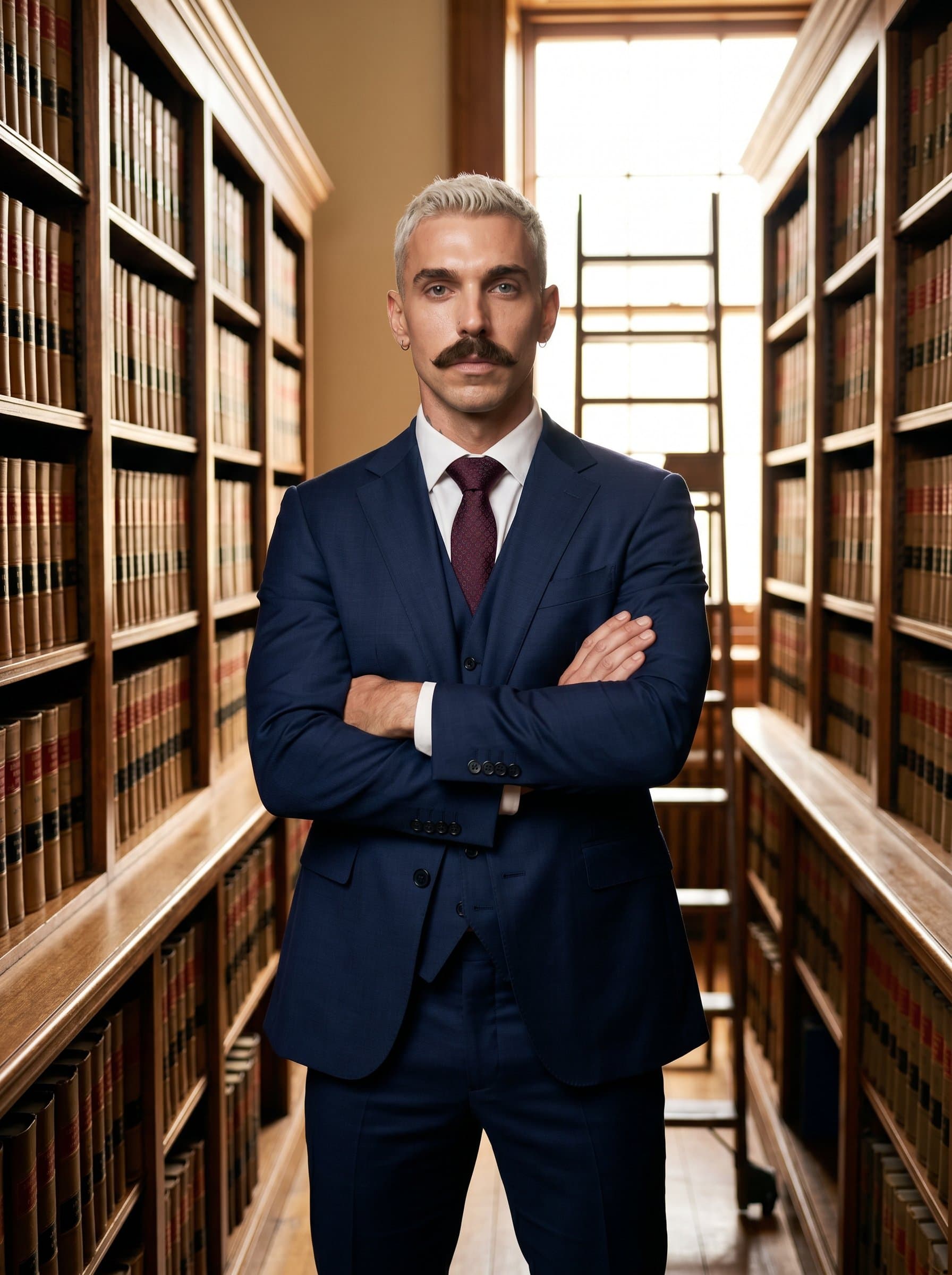 in a classic law library, wearing a dark suit and standing firm among rows of books. The composition conveys a knowledgeable and trustworthy professional image suitable for legal branding.